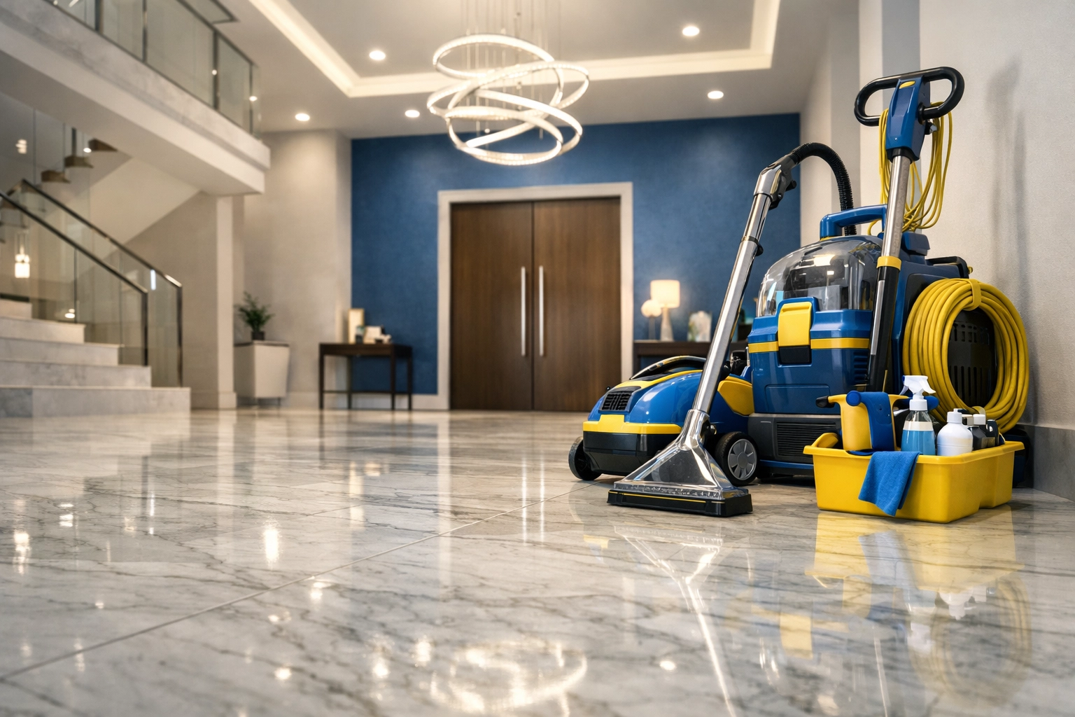 Professional equipment used for post construction cleaning in a high-end Southborough entryway with marble floors.