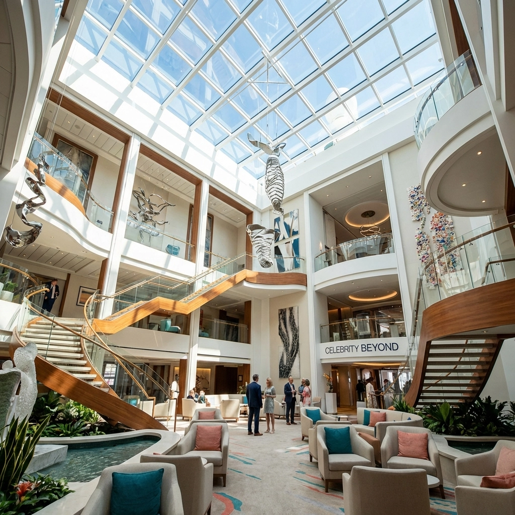 Luxurious cruise ship atrium with glass ceiling and elegant lounge, representing next-generation ship interiors