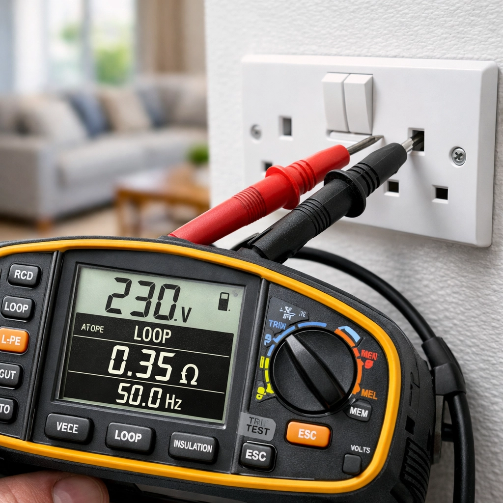 Close-up of a professional electrical tester checking a socket during an EICR in a Bournemouth home.