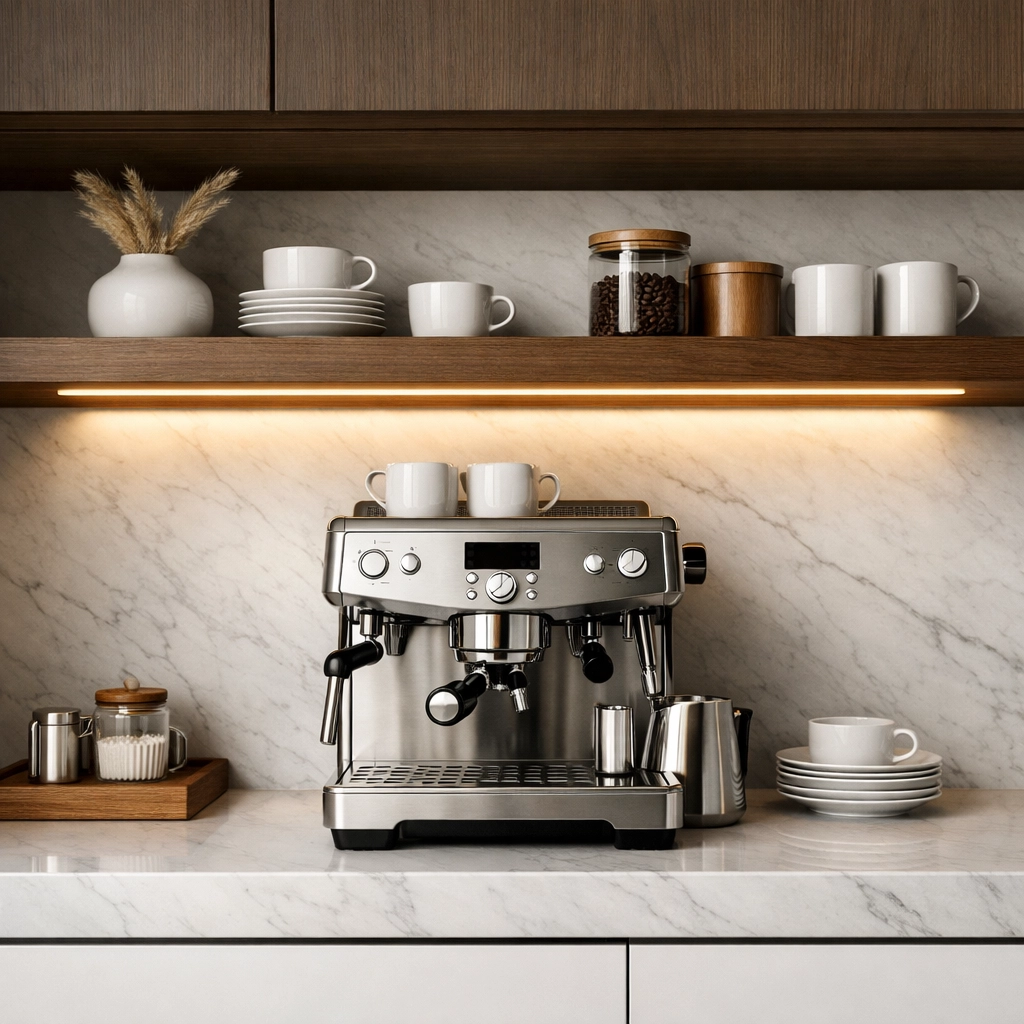 Éclairage LED linéaire sous une étagère de bar à café avec comptoir en marbre et machine espresso.