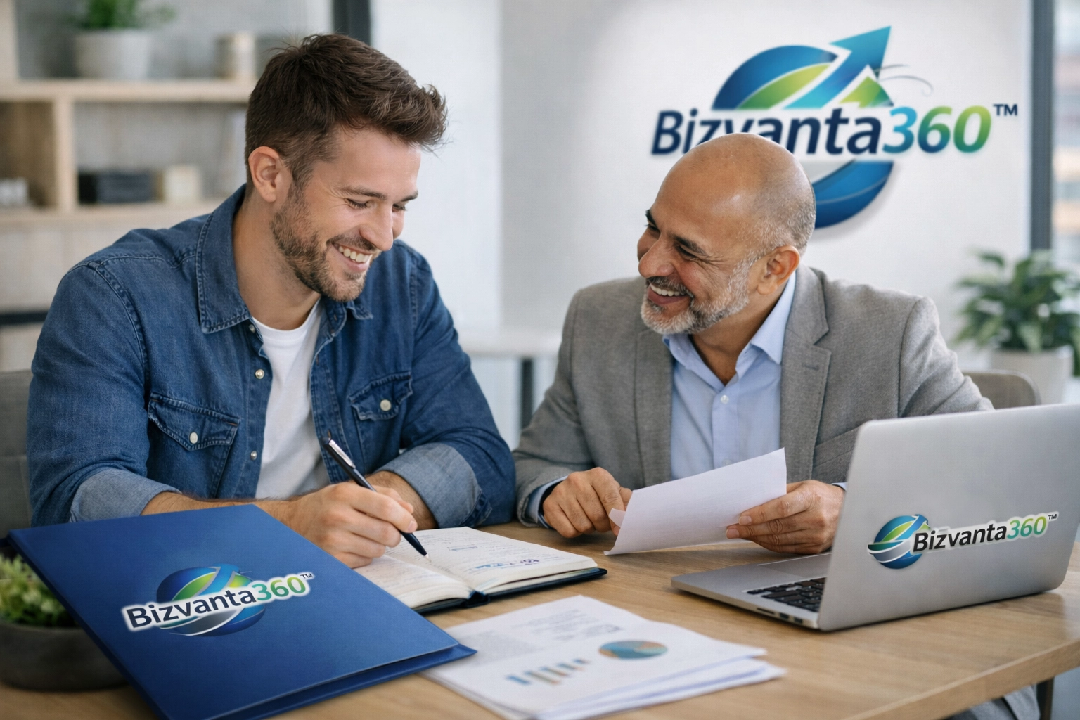 A startup founder and business consultant collaborating on financial strategy and bookkeeping in a modern office.