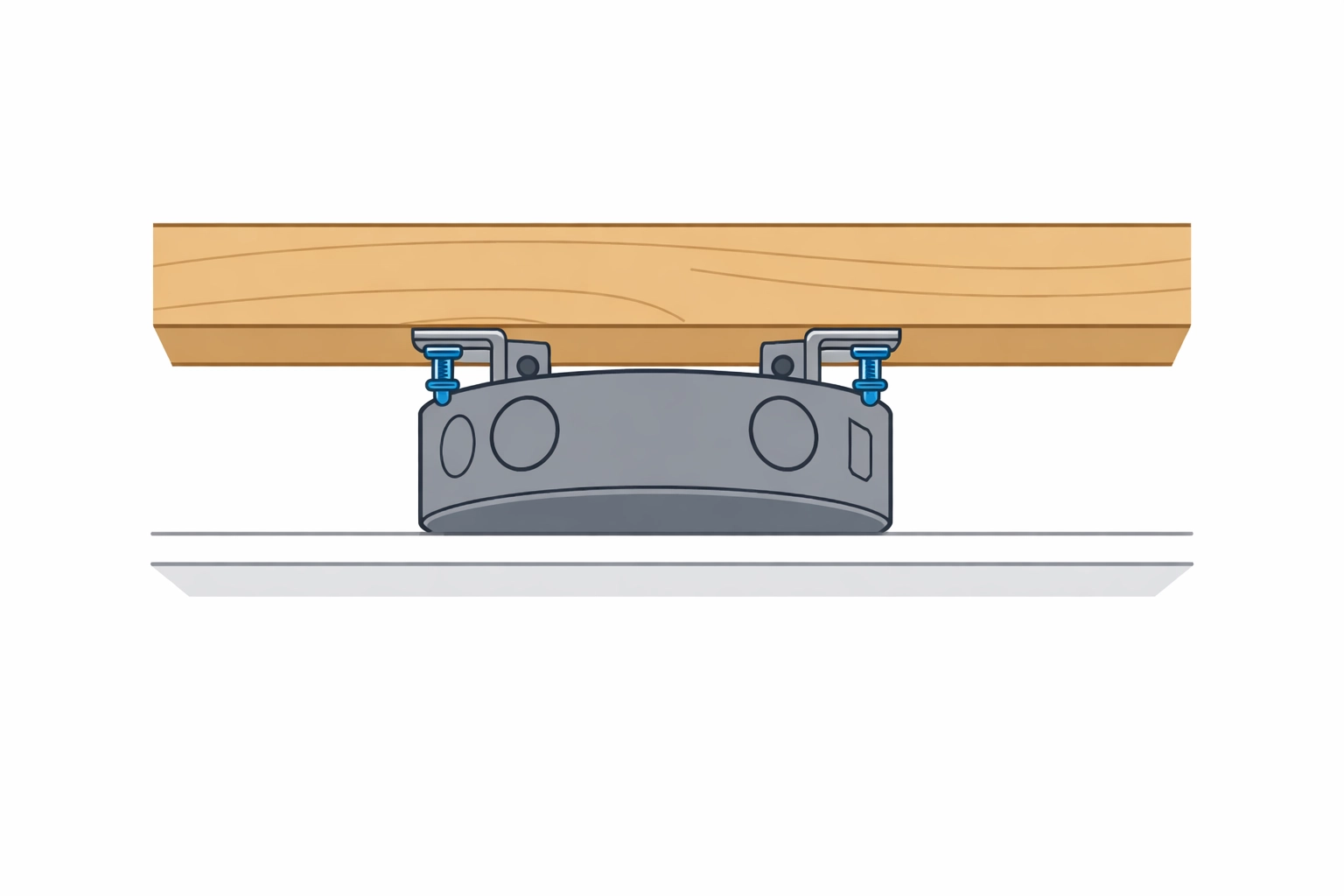 A fan-rated metal electrical box securely bolted to a wooden joist for safe ceiling fan installation.