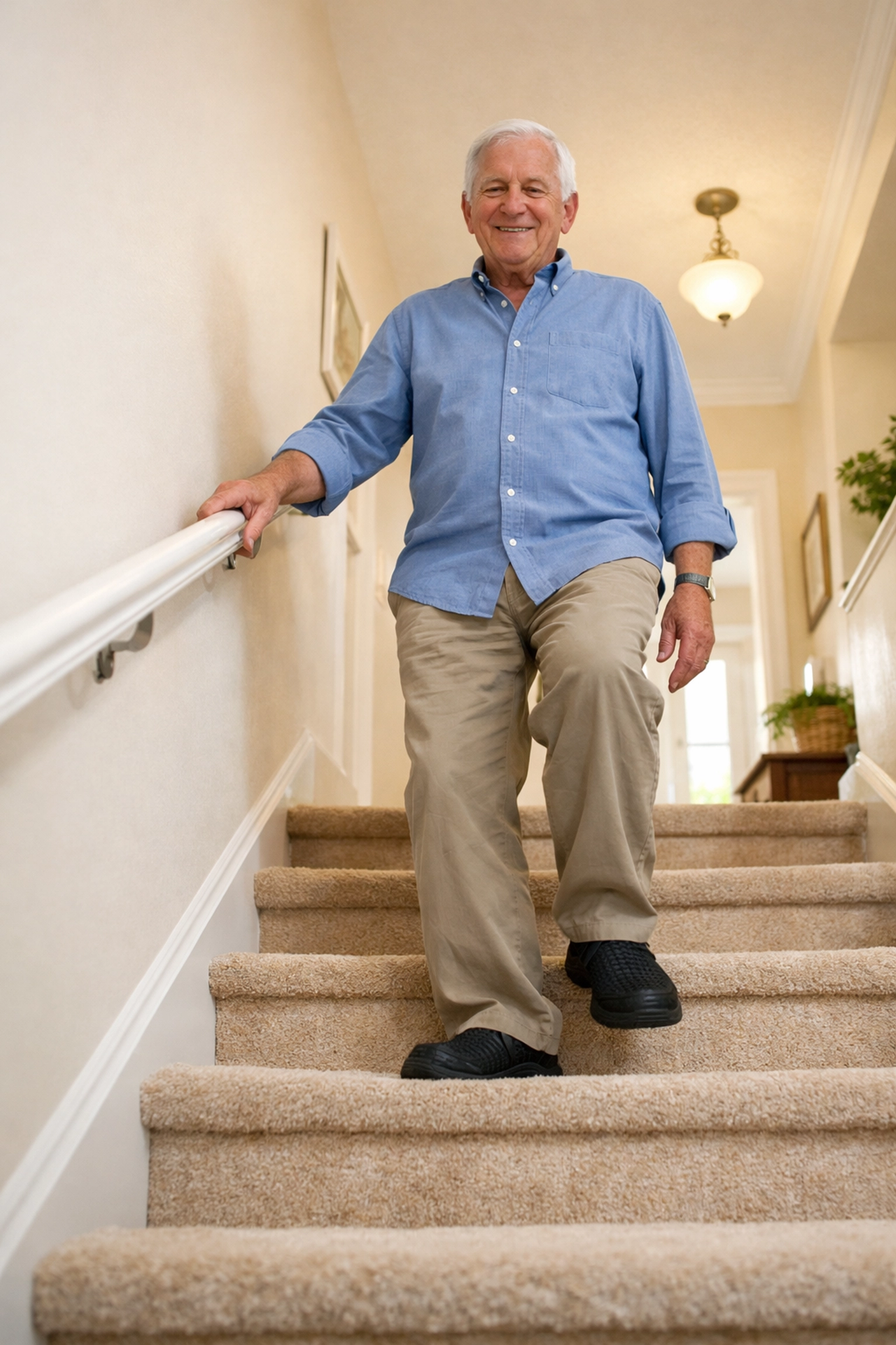 A smiling senior man safely descending a well-lit staircase using a handrail and non-slip shoes.