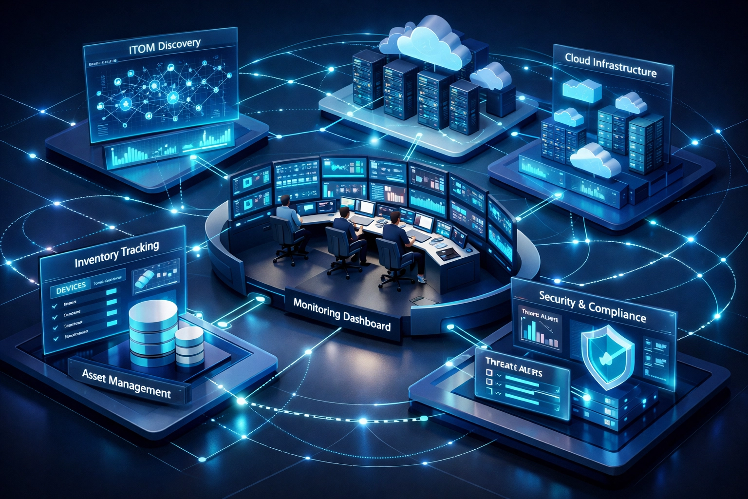 Integrated ITOM and ITAM command center showing ServiceNow asset management and monitoring systems