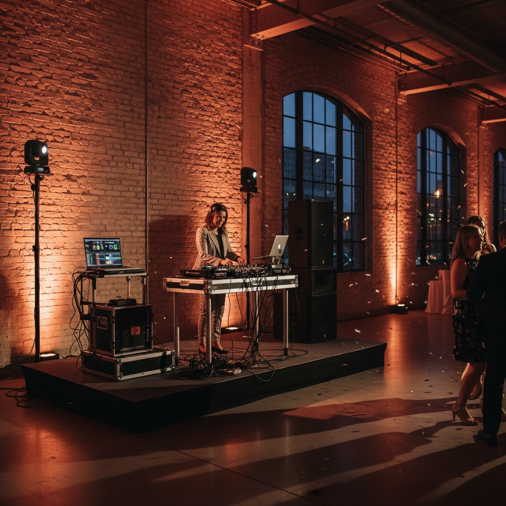DJ in a suit controls music on stage with laptop, illuminated by warm lights. Brick walls and large windows form the background; people dance nearby.