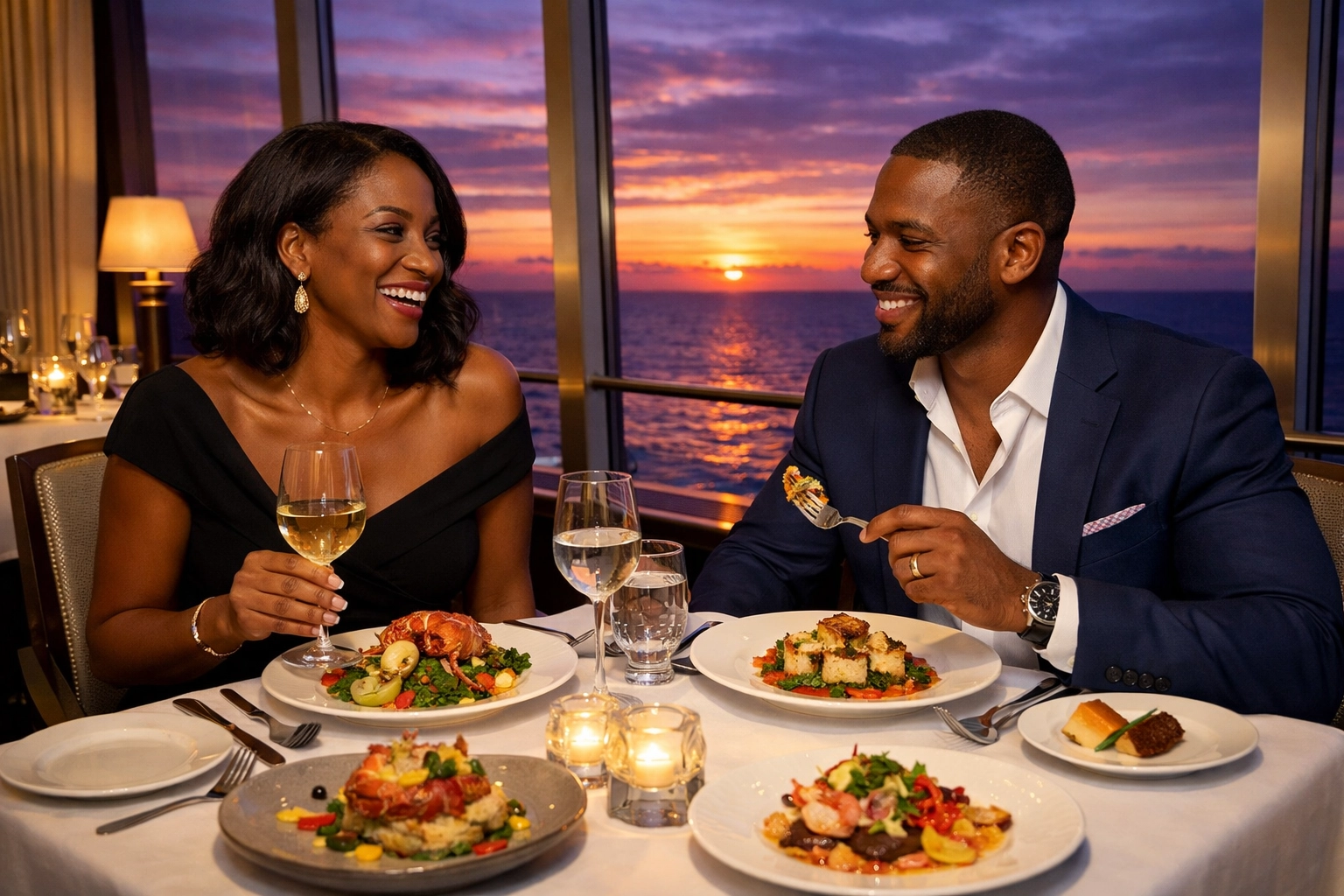 Couple enjoying a specialty dining experience included in premium luxury cruise deals.