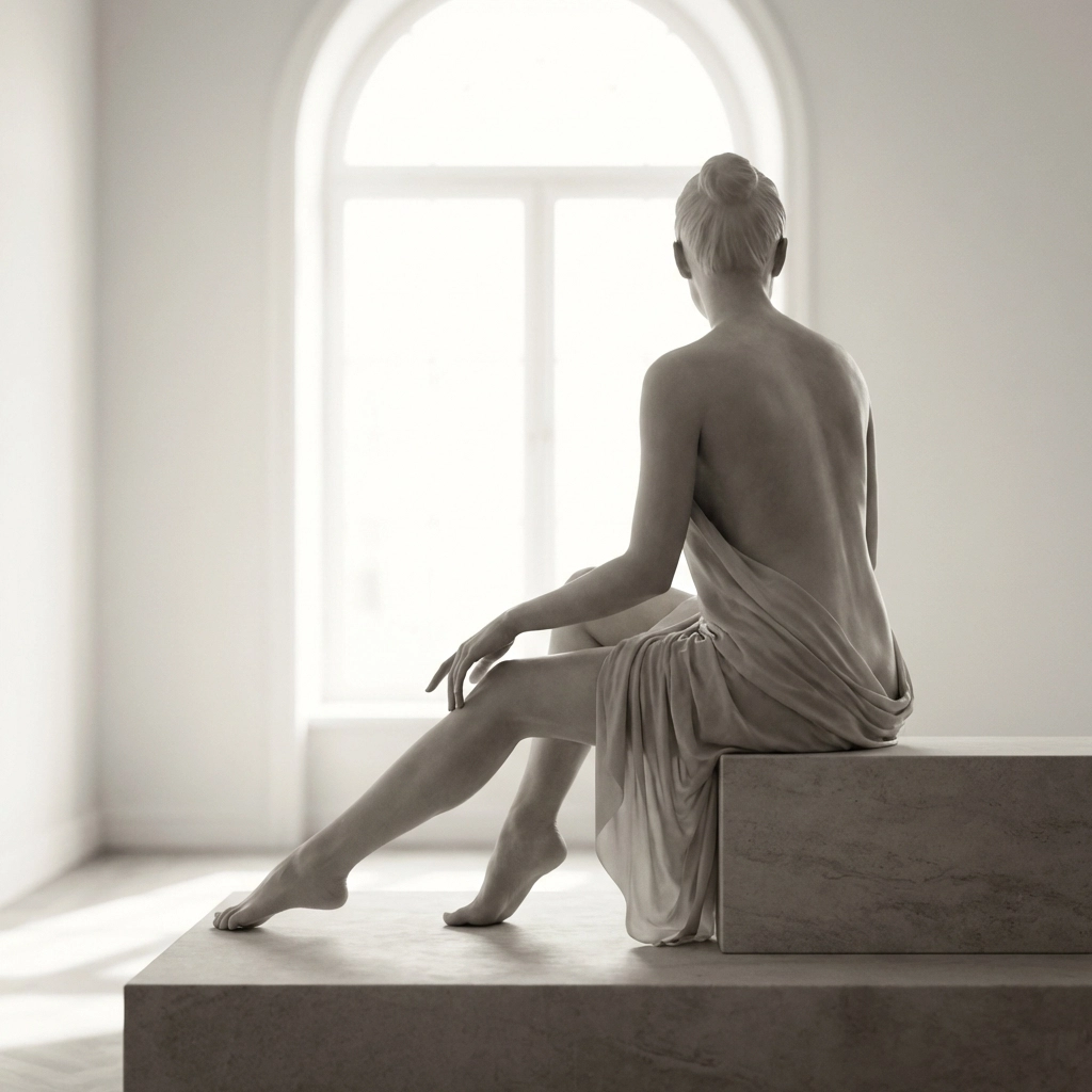 Artistic nude study of hands and feet, demonstrating soft finger placement and pointed toes to elongate the model's form.