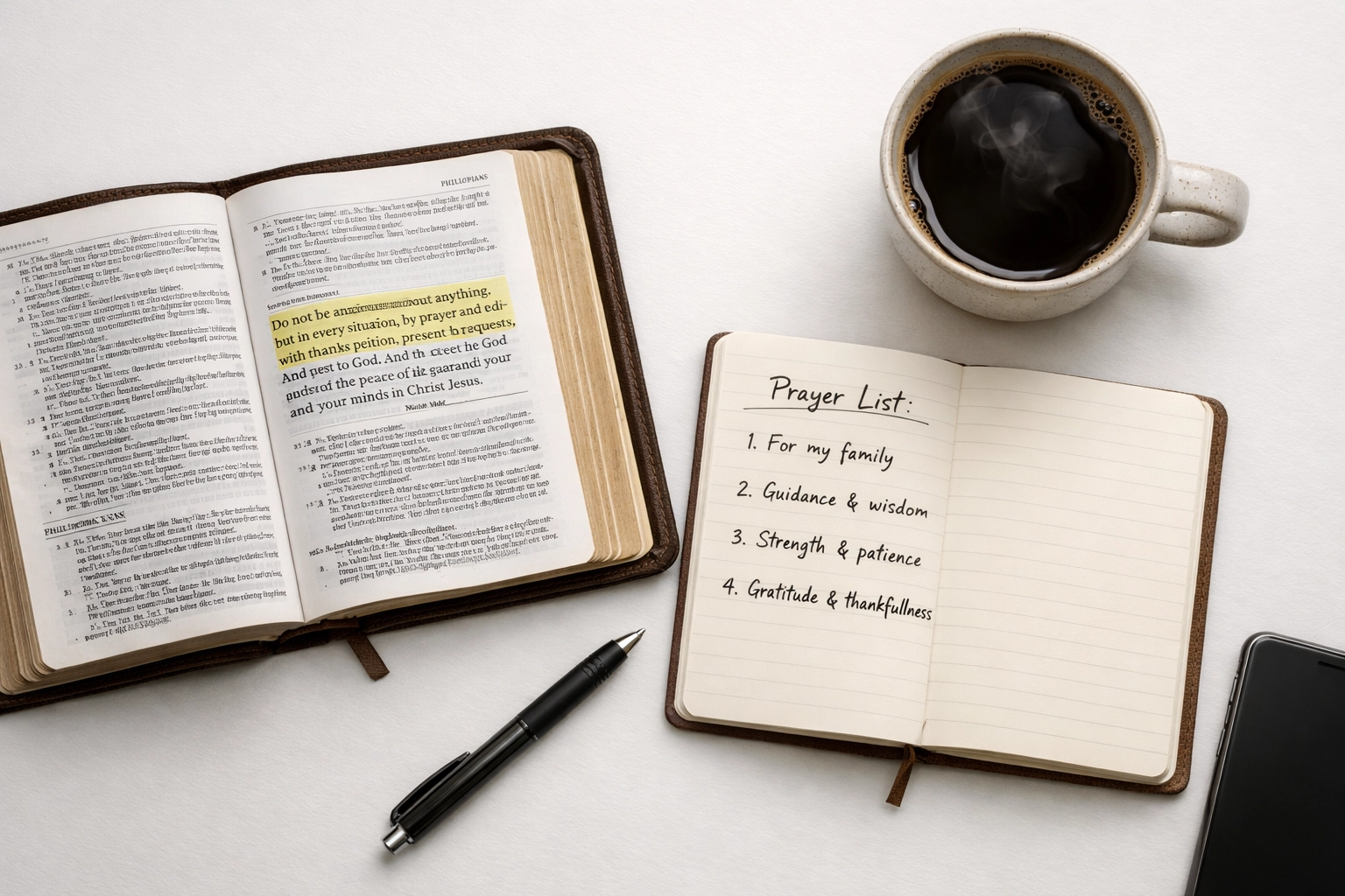 Morning devotional setup with Bible, prayer journal, and coffee for 3-minute news reset
