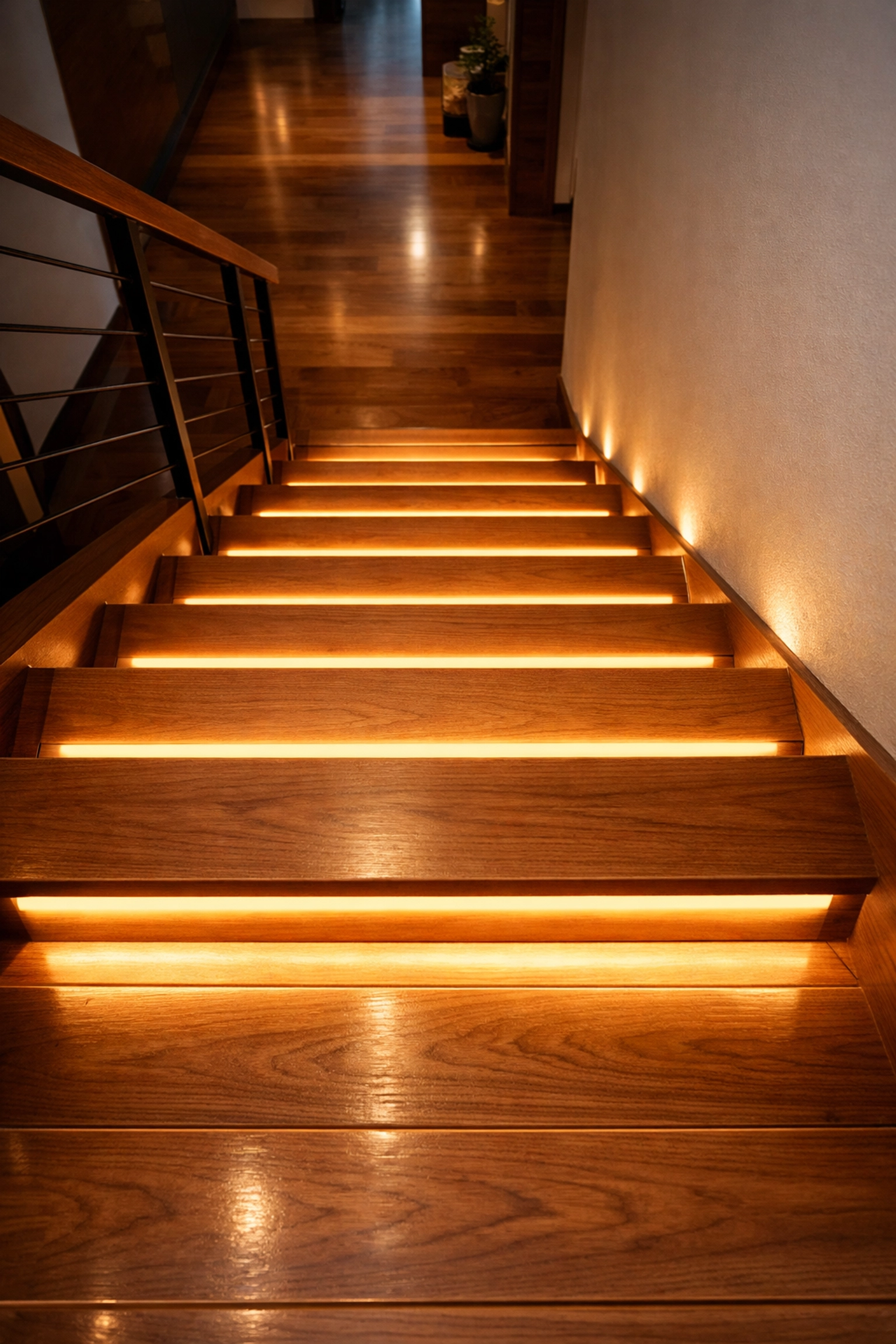 LED stair lighting strips under wooden treads to clearly define step edges for fall prevention.