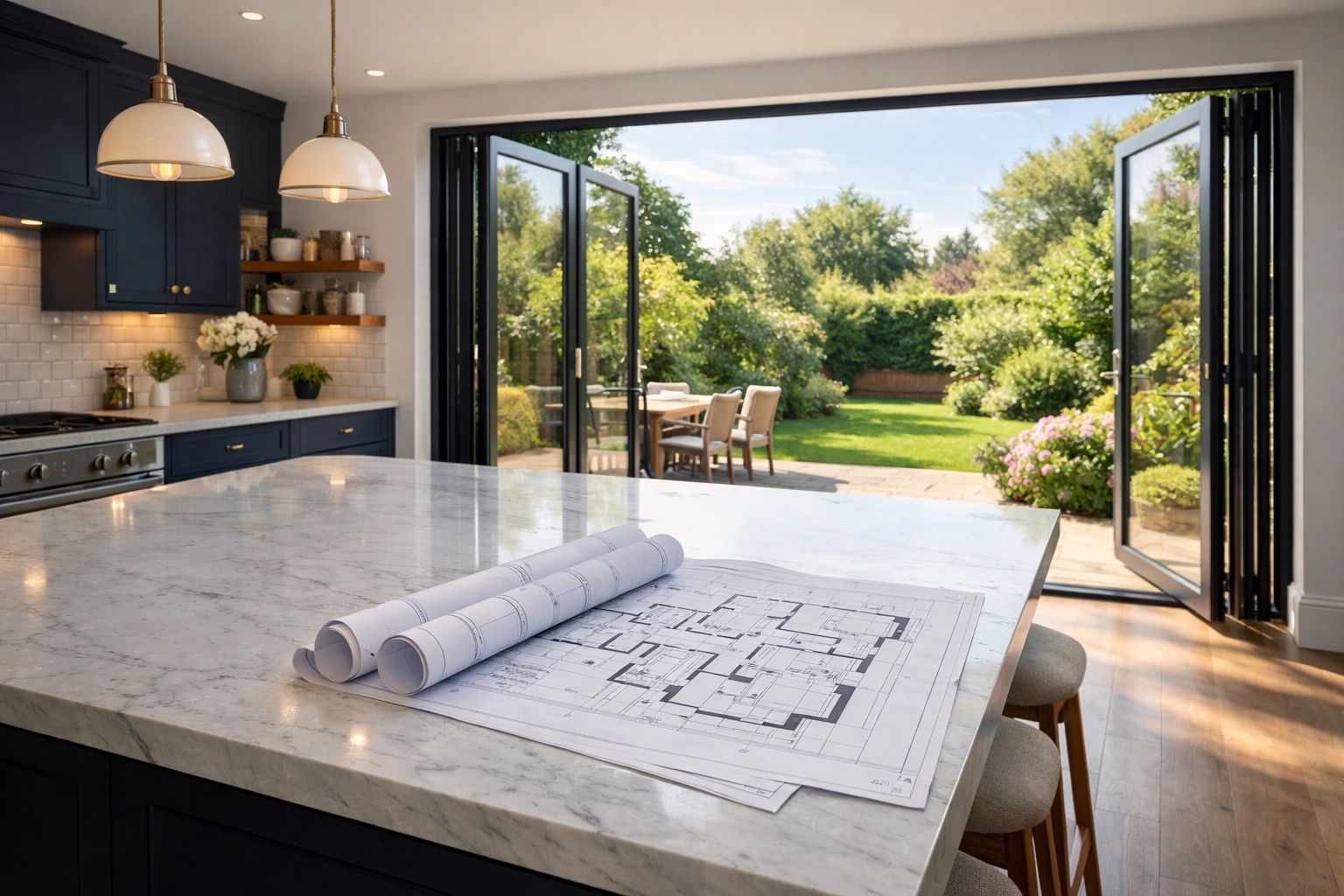 Modern North London kitchen extension with bifold doors and architectural plans on a marble island.
