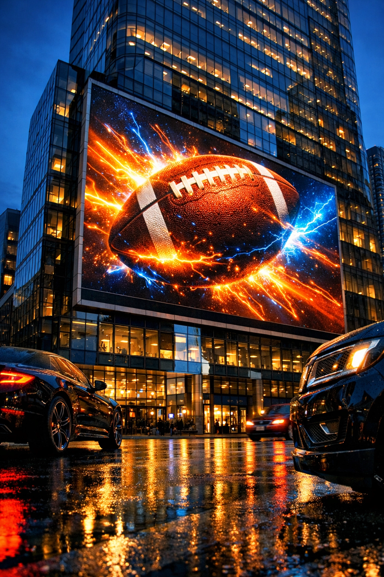 Large digital skyscraper billboard with high-impact football visuals for Super Bowl outdoor marketing.