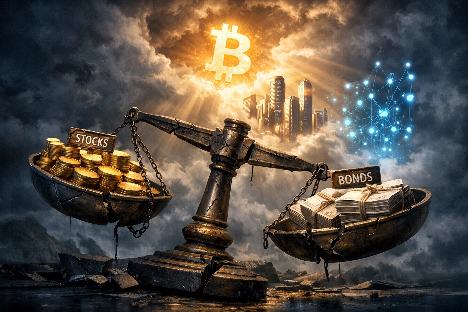 Traditional 60/40 portfolio balance breaking down with Bitcoin and real estate emerging as alternatives