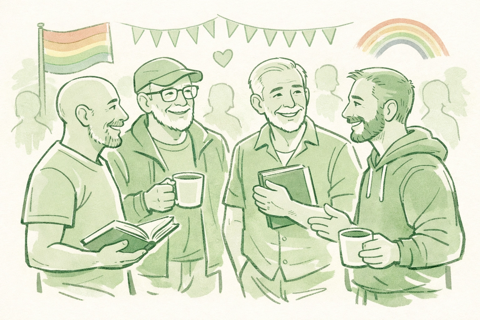 LGBTQ+ book club gathering at Pride event with mature gay men discussing gay fiction