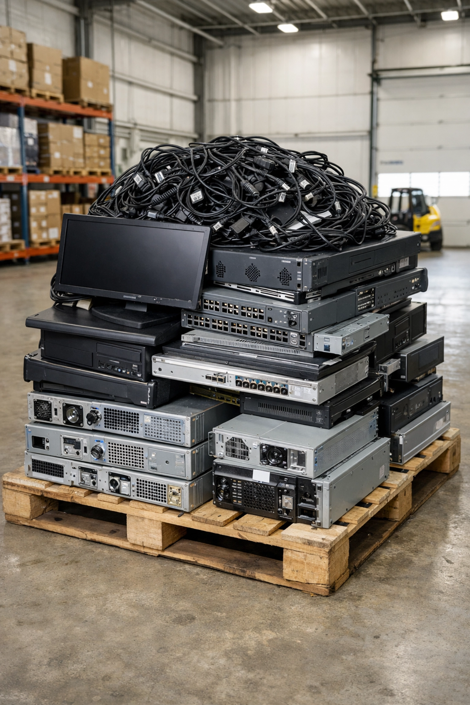 Large collection of business e-waste including servers and monitors ready for WEEE recycling.