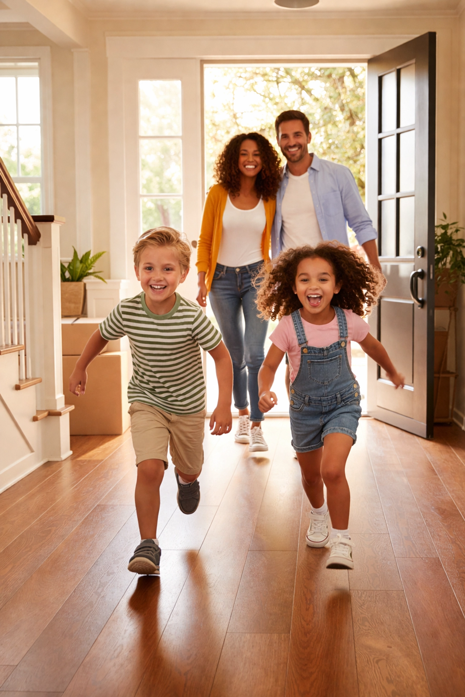 Happy family entering their new South Jersey home after using the buy before you sell trade-in program Happy family entering their new South Jersey home after using the buy before you sell trade-in program