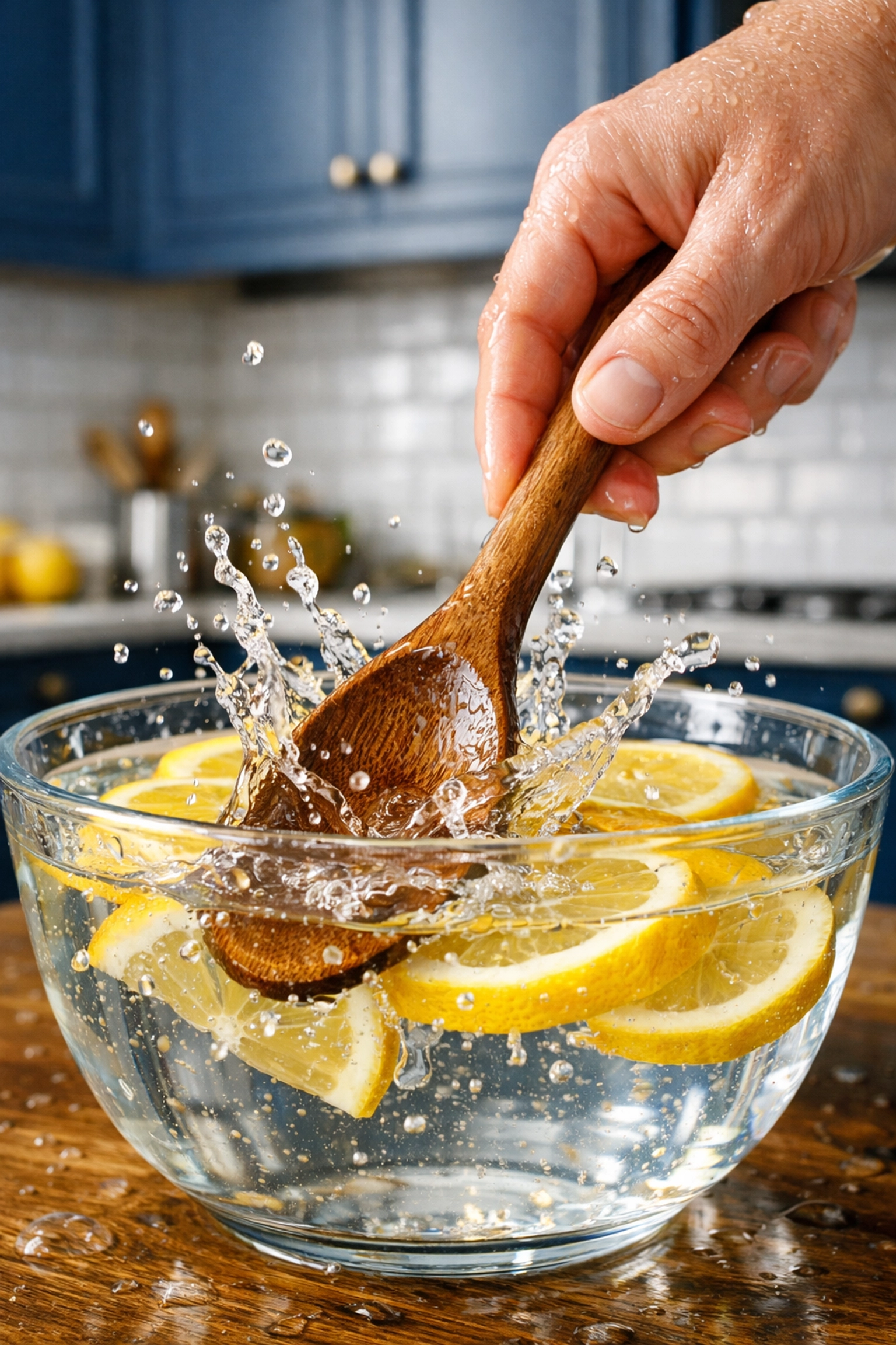 Placing a wooden spoon in a bowl of lemon water to safely steam clean a microwave.