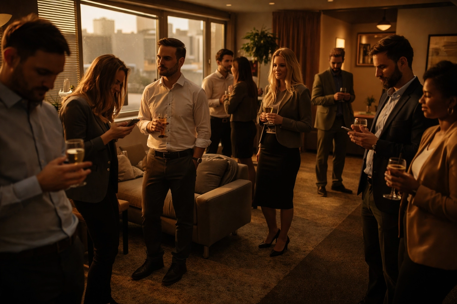 Employees at a casual mixer stand in small groups, highlighting lack of real connection and the limits of traditional team building.