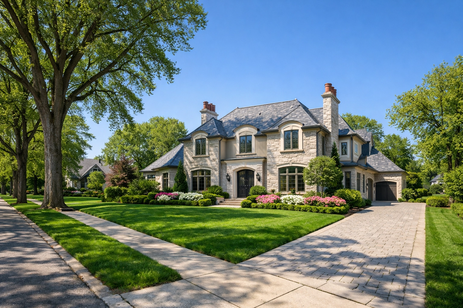 Luxury French Provincial home and manicured lawn in a prestigious North Shore Chicago neighborhood.