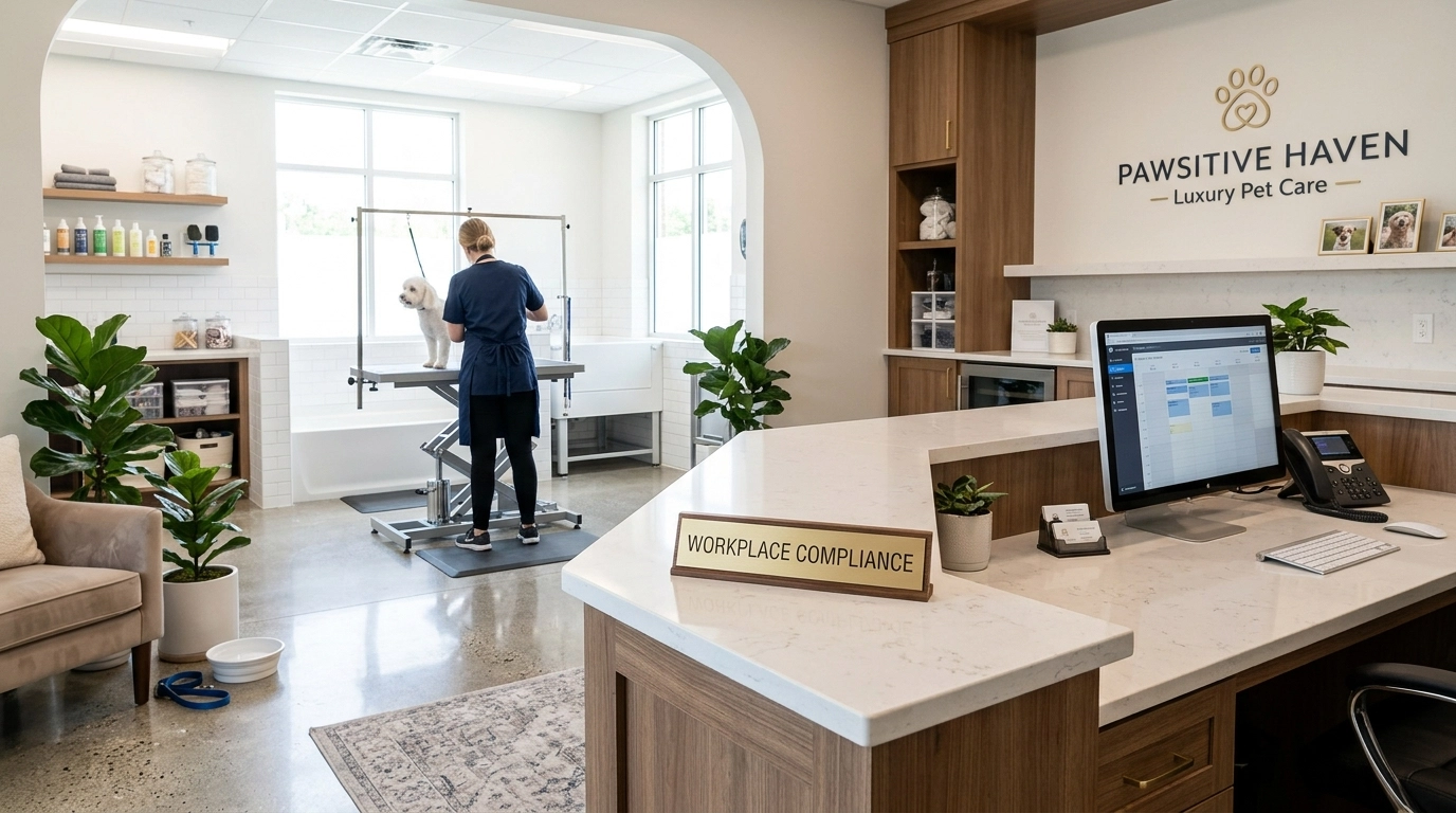 A professional, upscale pet grooming and boarding facility interior representing business compliance.