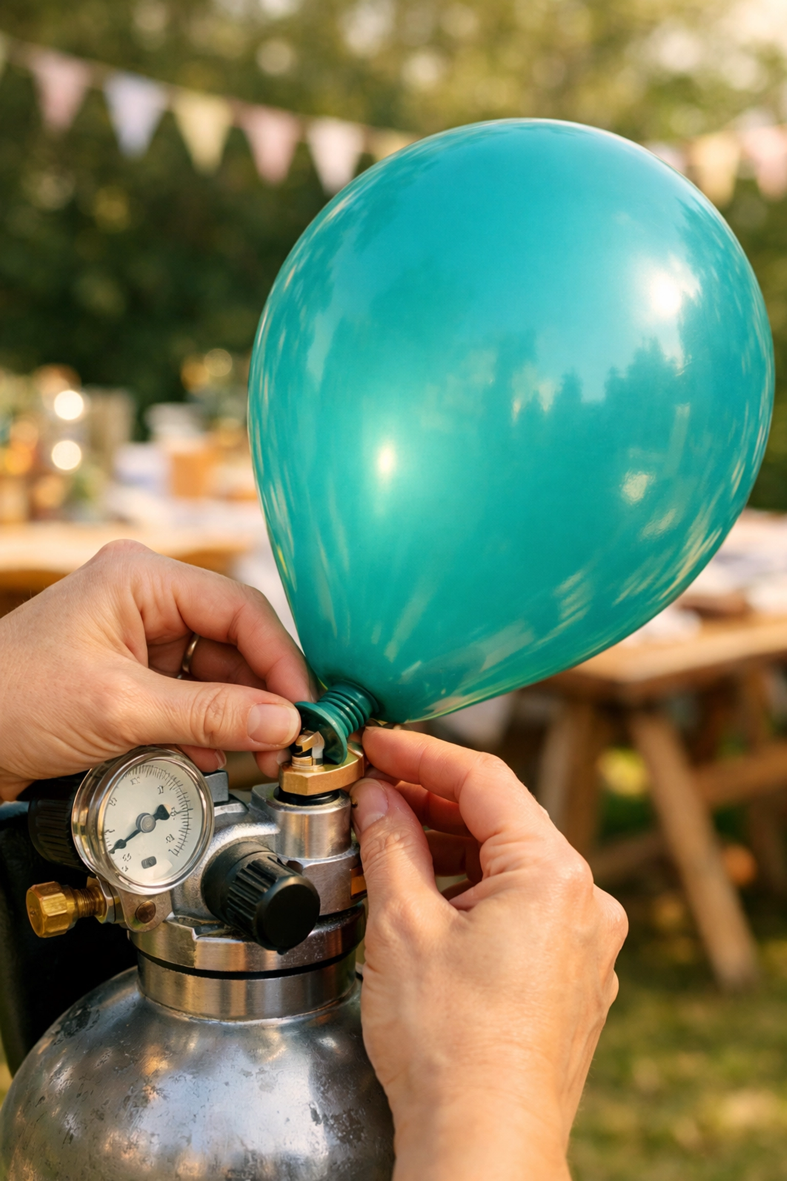 Inflating a latex balloon to the perfect pear shape using a professional gas regulator.