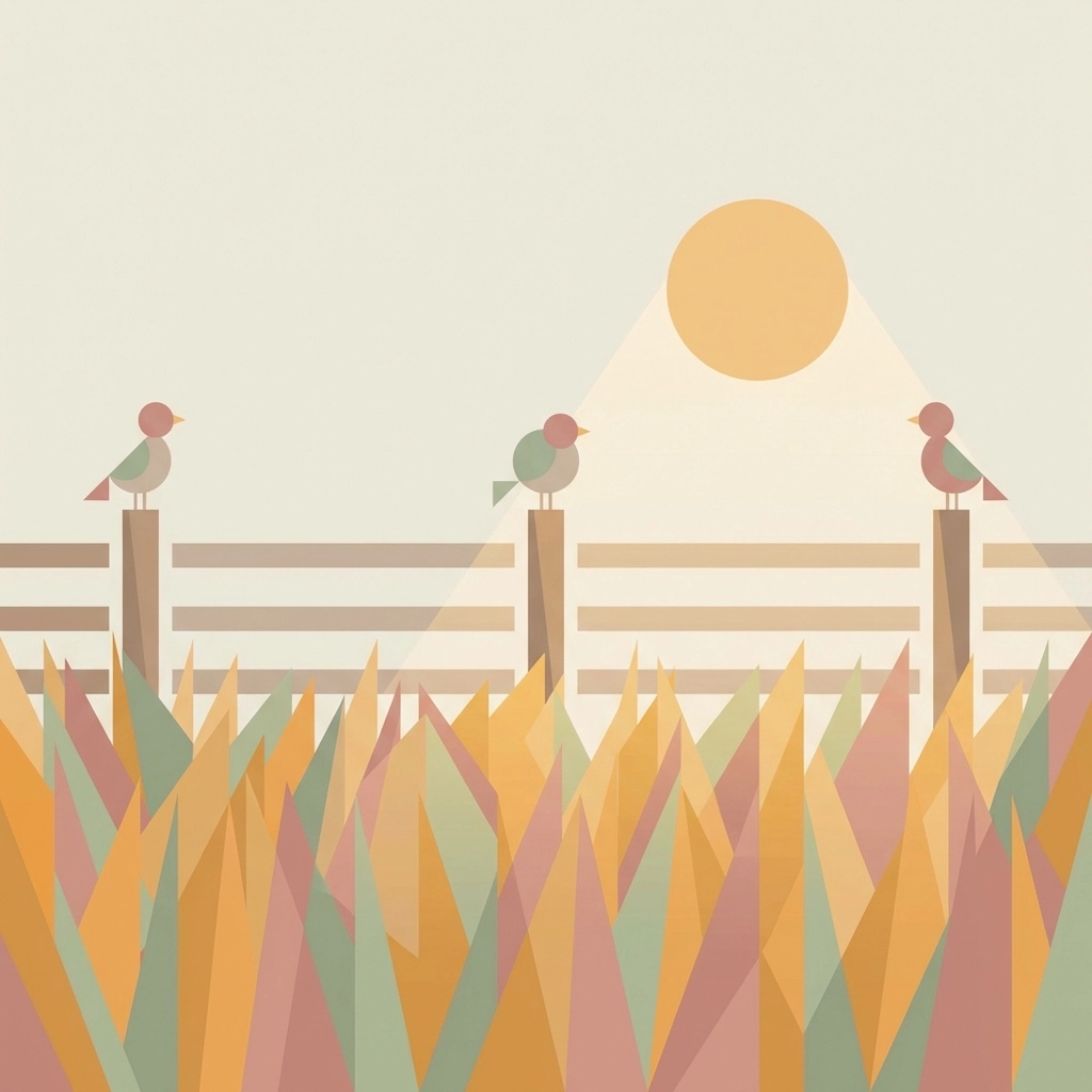 Geometric illustration of a serene farm scene with birds on a fence at golden hour, reflecting outdoor observation and nature journaling.