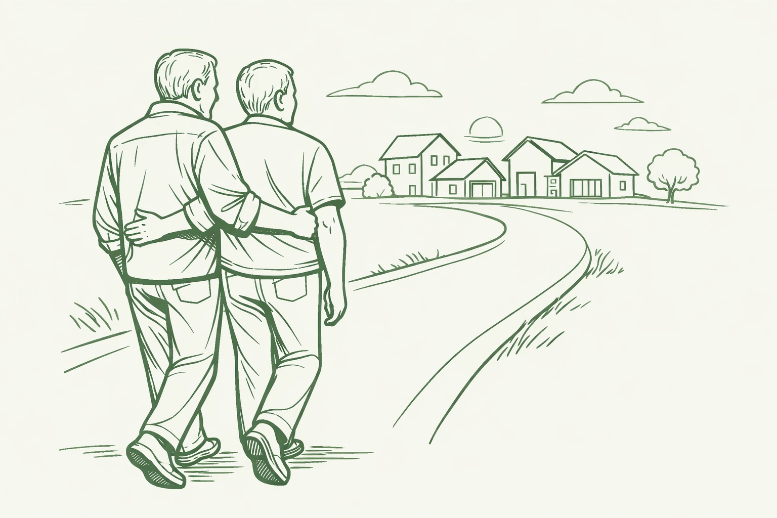 Minimalist art of an older male couple walking together toward a new home, symbolizing queer resilience and authenticity.