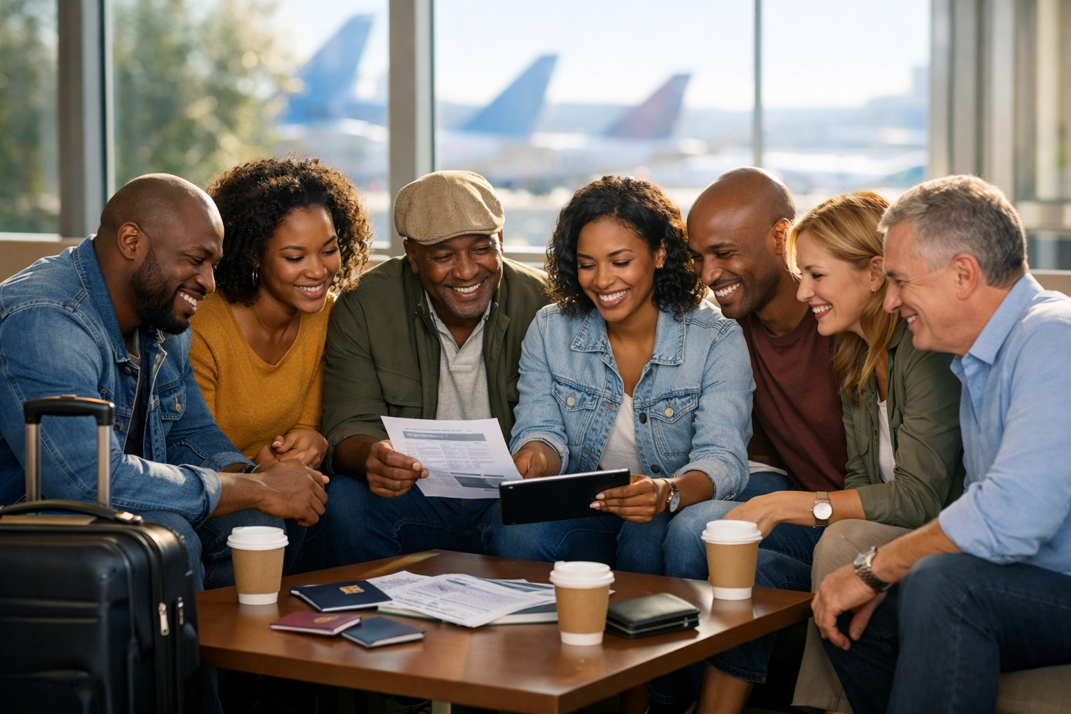 Diverse friends using a group trip planner in an airport lounge to coordinate their group travel planning and logistics.