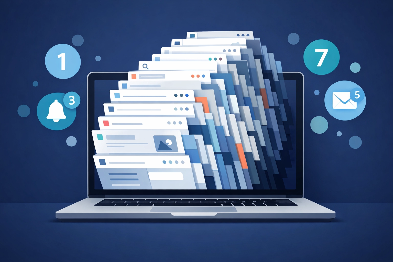 Minimalist illustration of digital inventory waste in remote work with a laptop screen full of cluttered browser tabs.