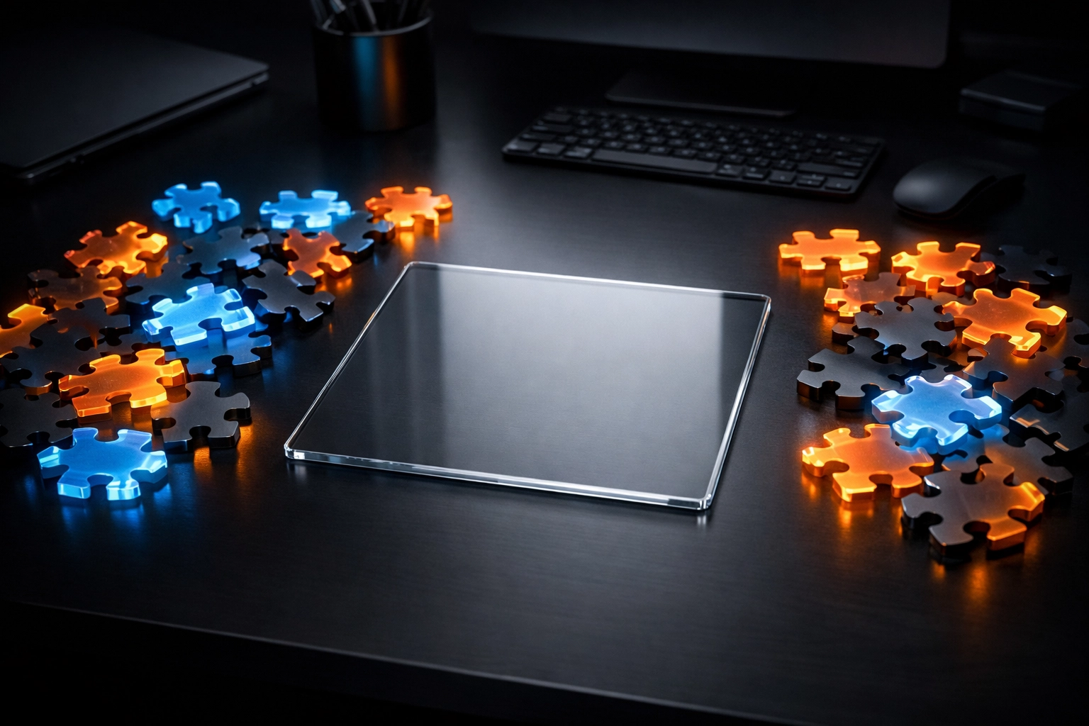 Strategic business process automation planning with a clear tablet on a modern minimalist desk.