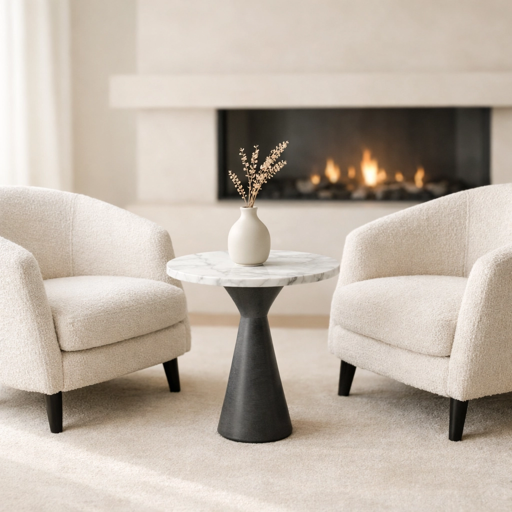 A modern conversation nook with accent armchairs and a marble table, designed via a virtual home design consultation.