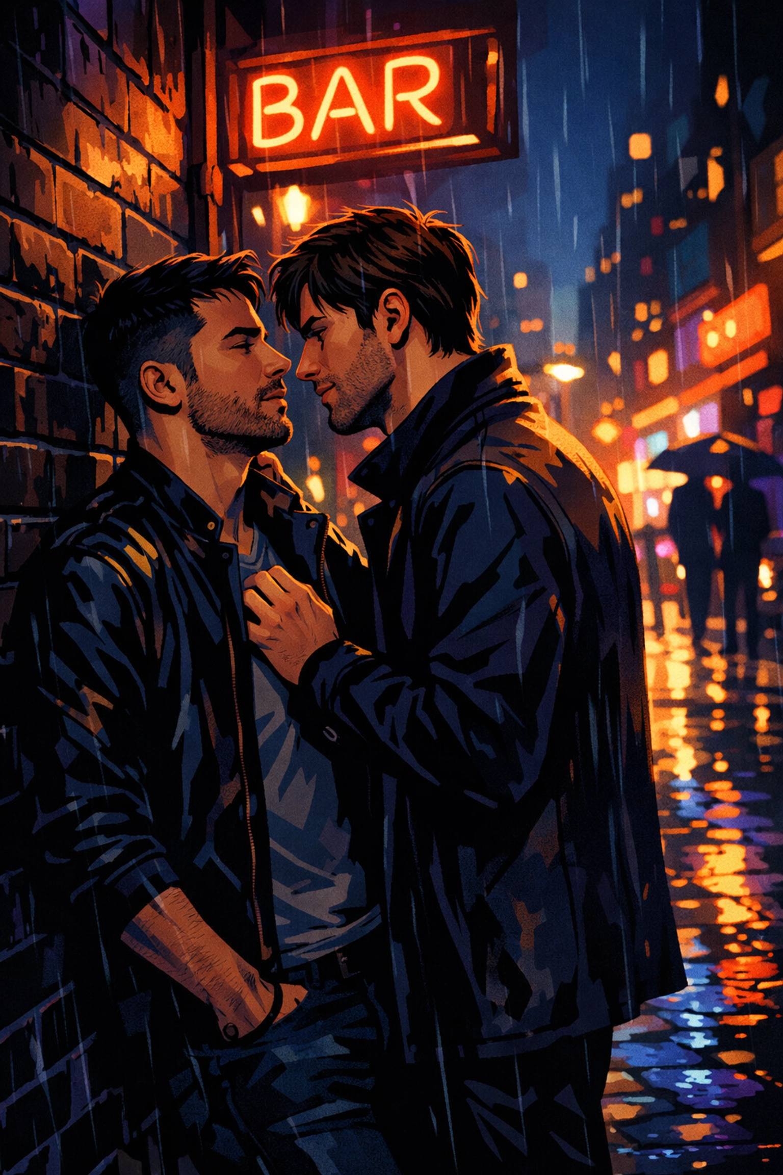 Two men in romantic moment outside urban gay bar at night - MM love story