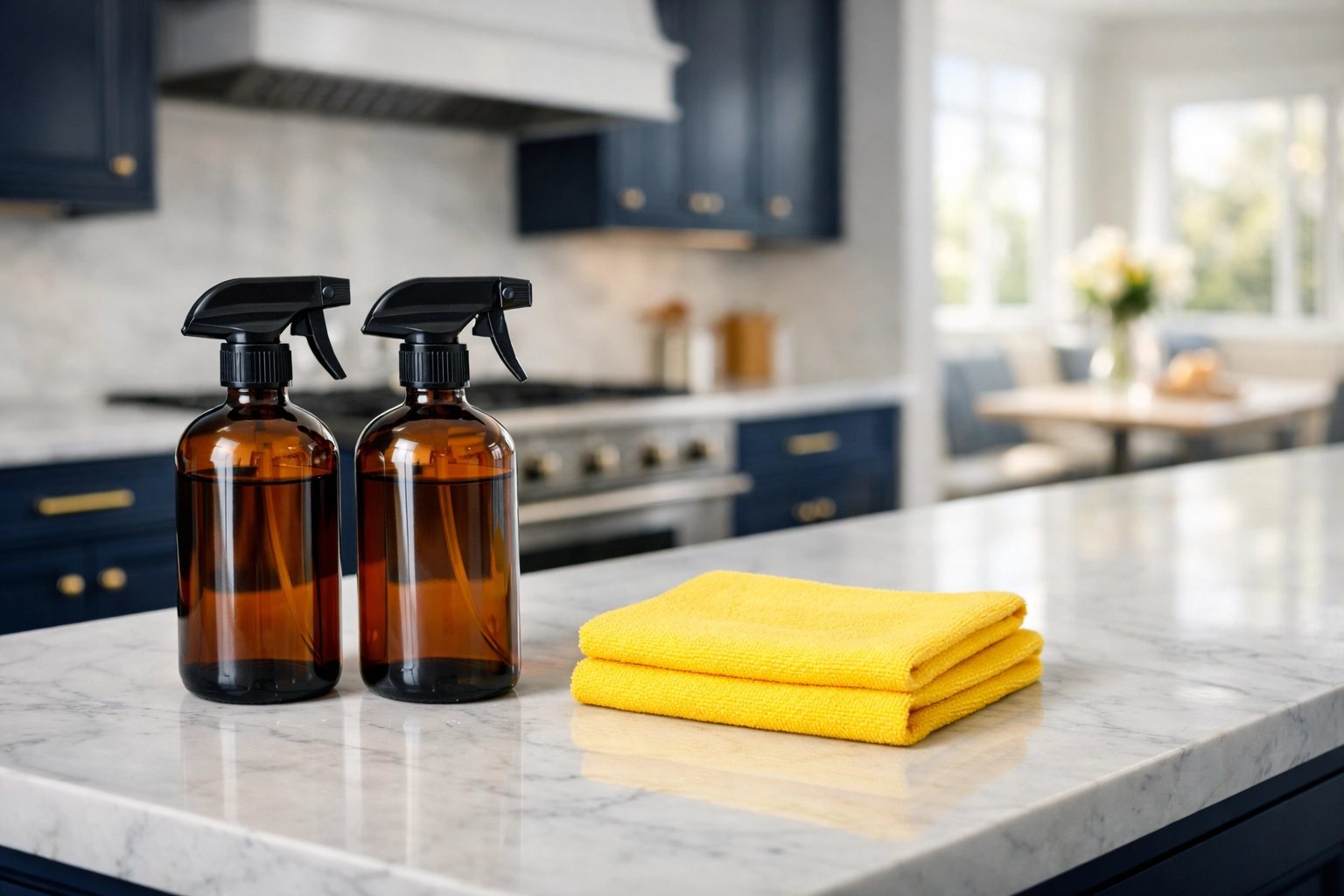 Professional house cleaning Leominster MA tools on a sparkling clean marble kitchen island.