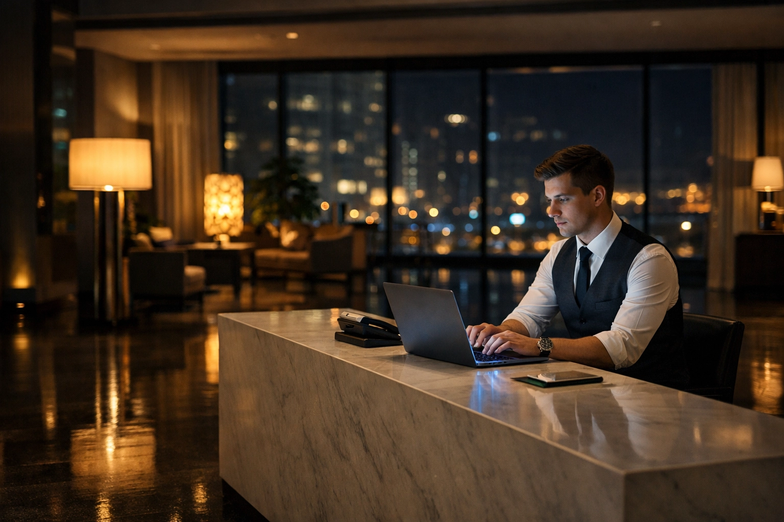 Hotel night auditor managing front desk operations in a modern luxury lobby.