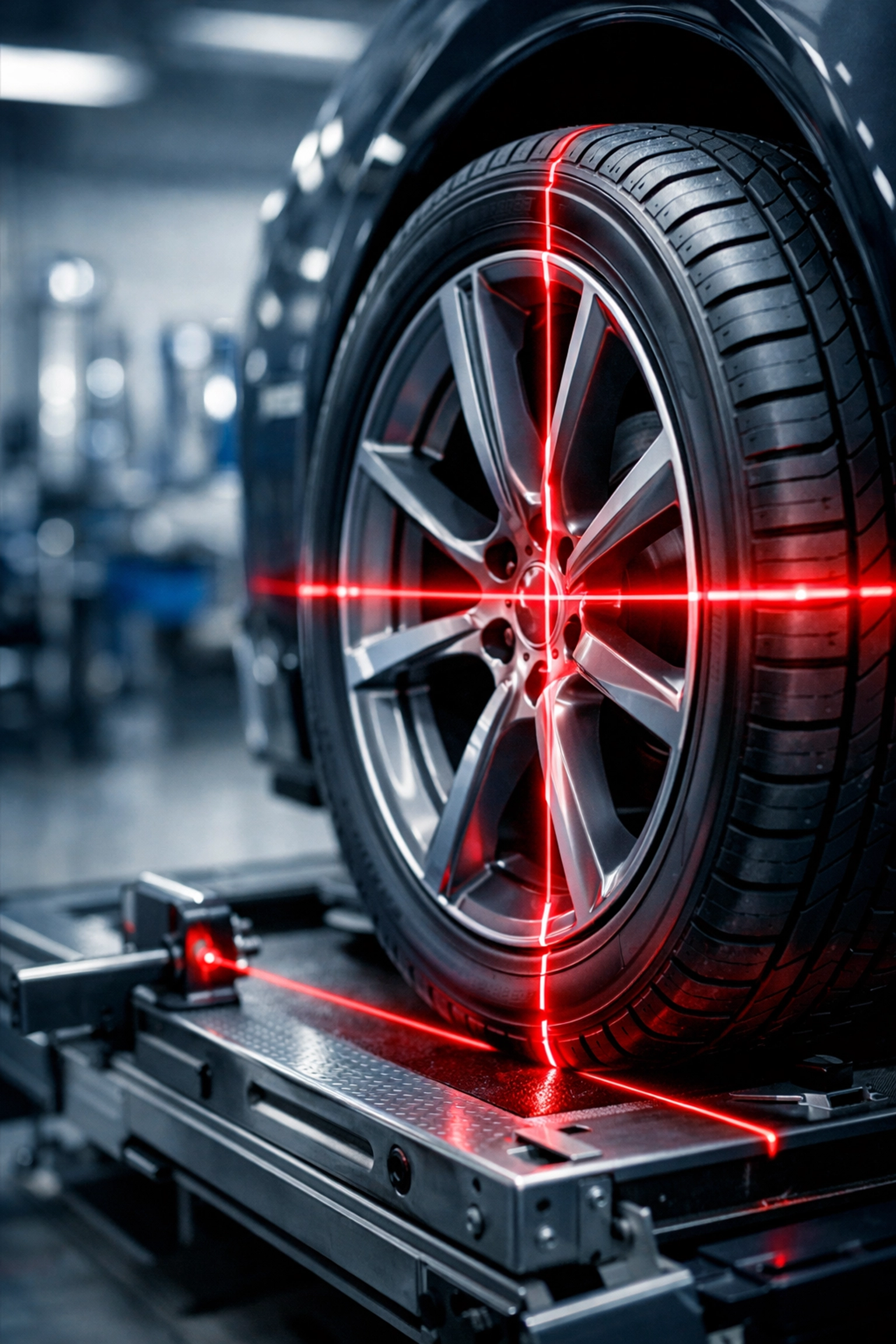 A vehicle wheel on a laser alignment rack in a professional Long Island performance shop.