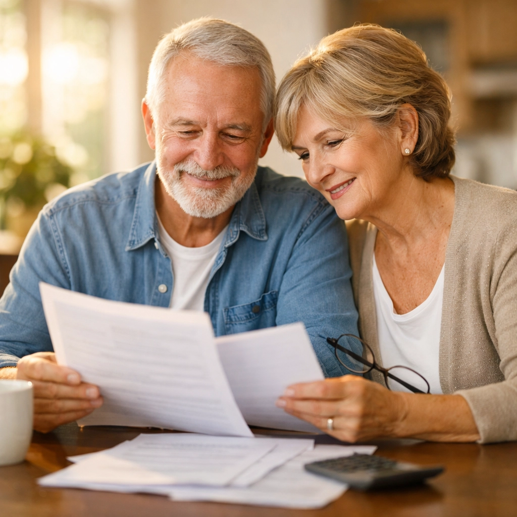 Senior couple reviewing estate planning documents together at home