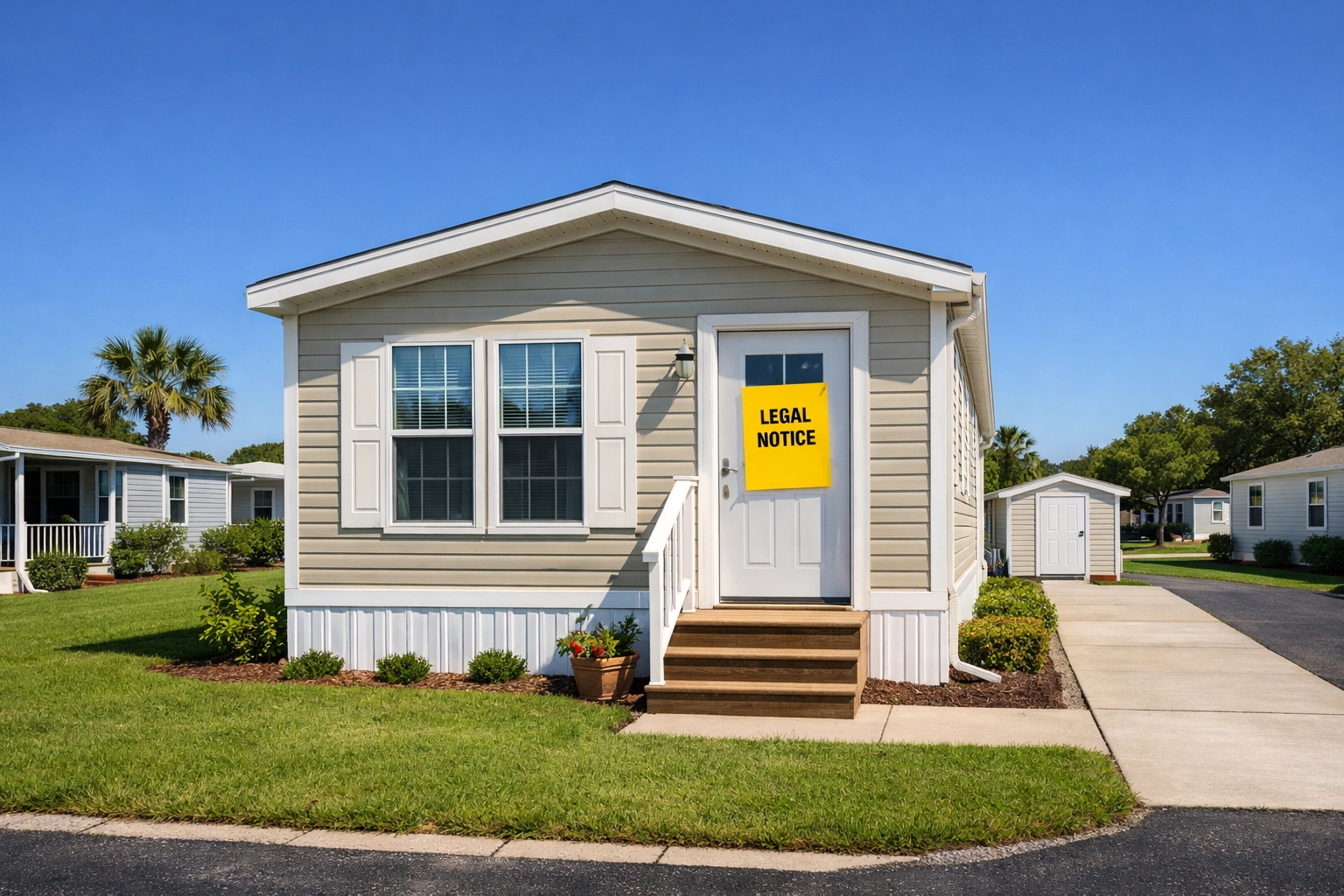 A mobile home with a yellow legal notice on the door, highlighting abandonment and storage fee risks.