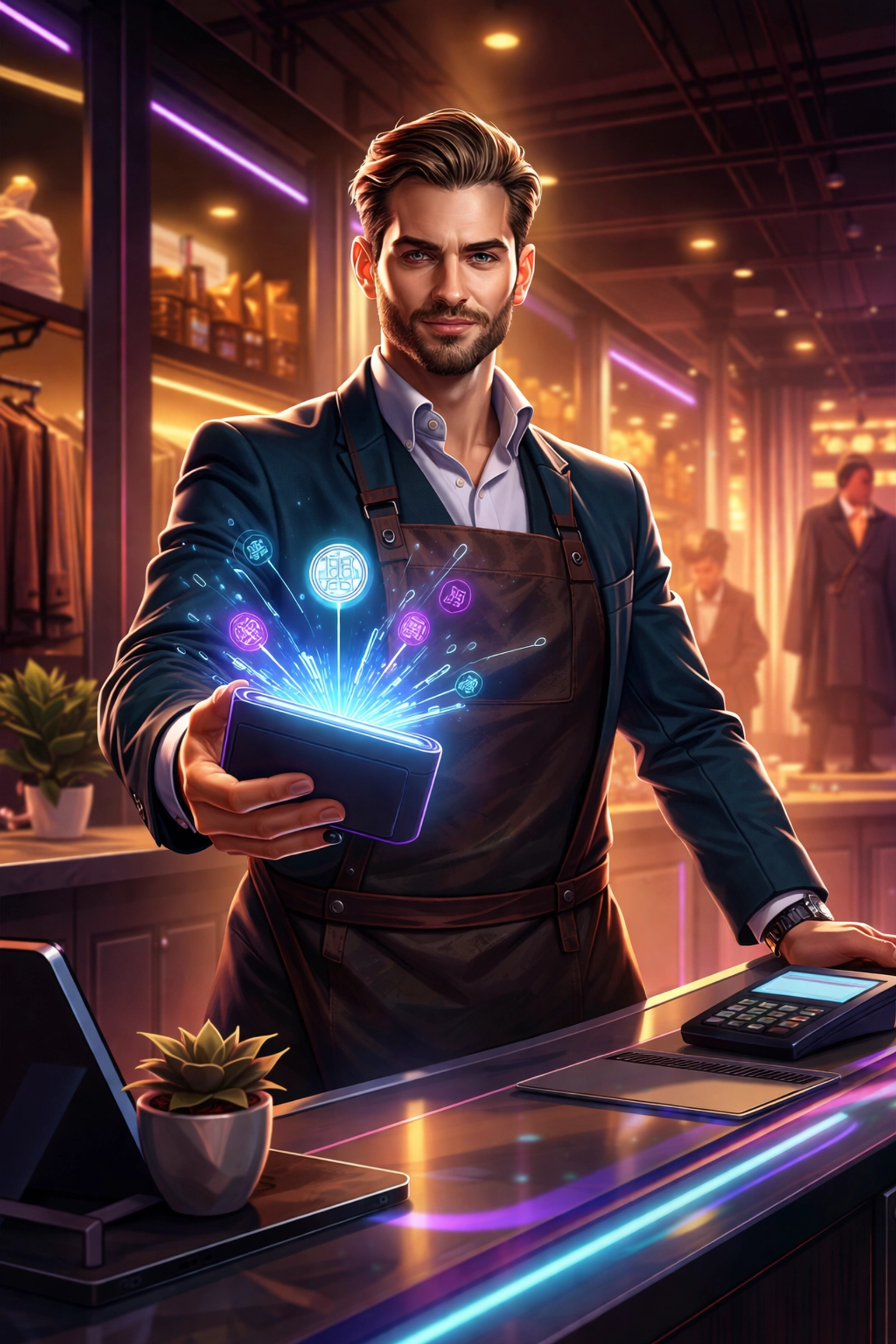 Merchant at a modern shop counter transferring blockchain payments into a digital wallet, highlighting decentralized crypto commerce.