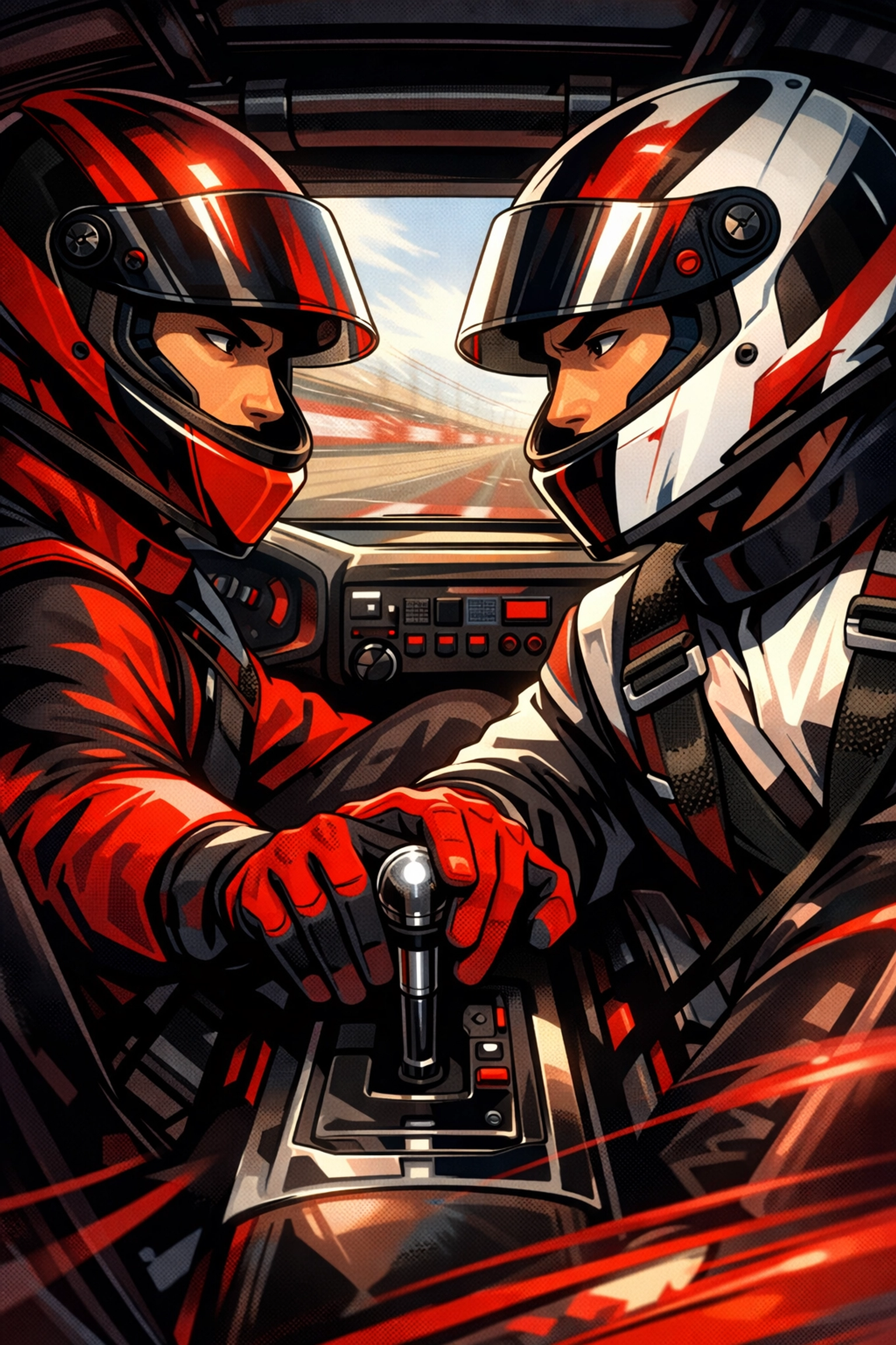 Male racing drivers in cockpit with hands nearly touching depicting forced proximity MM romance trope