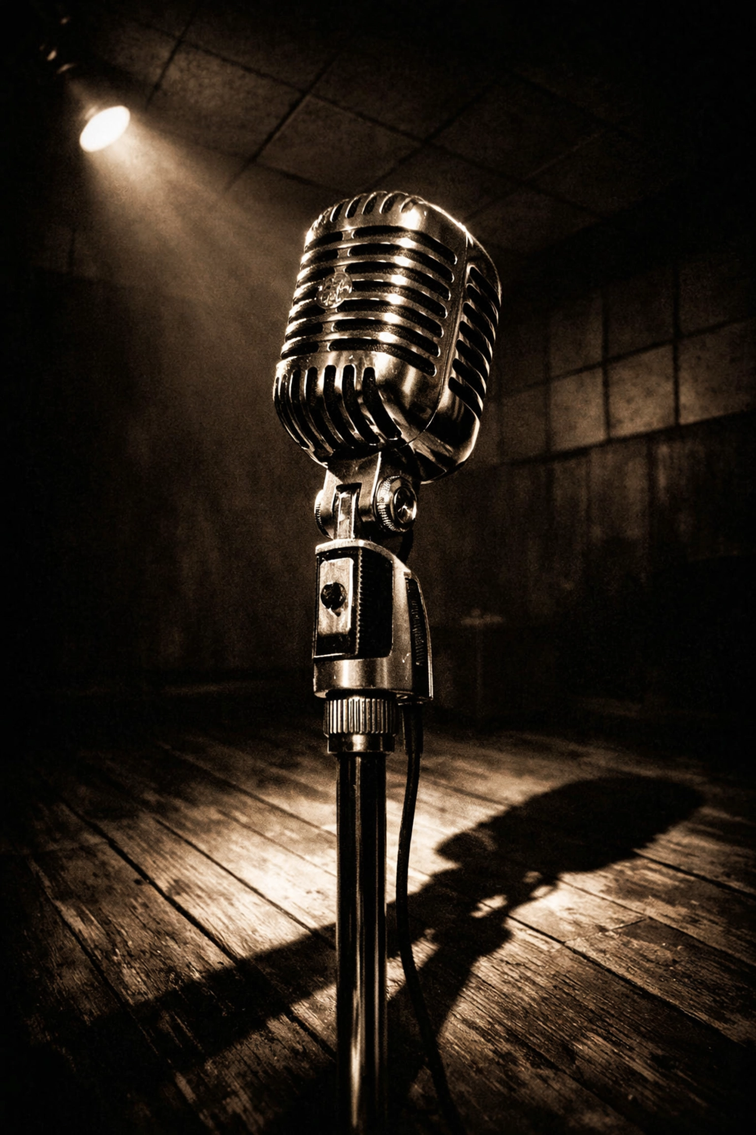 Classic 1950s ribbon microphone in the Sun Studio recording booth, the birthplace of rock and roll.