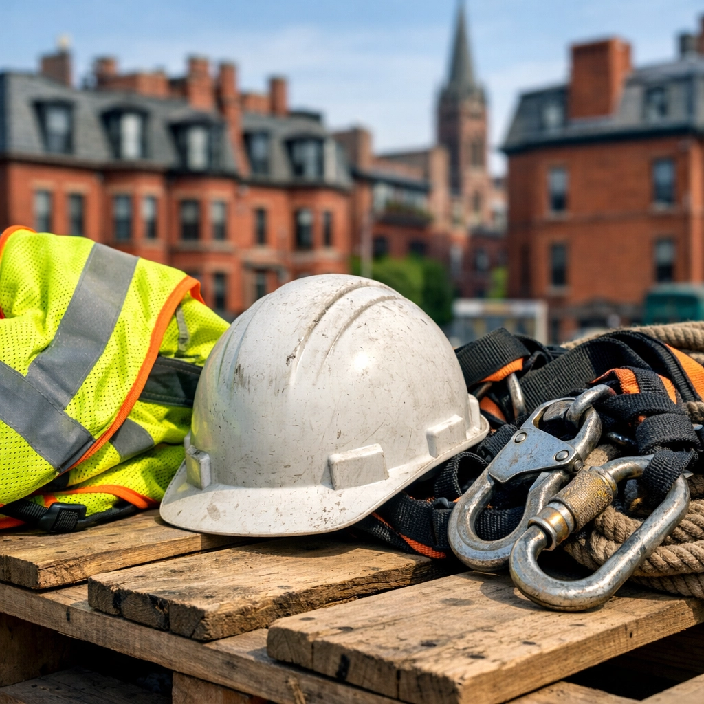 Professional safety gear on a job site, critical for avoiding a Boston construction accident and injury.