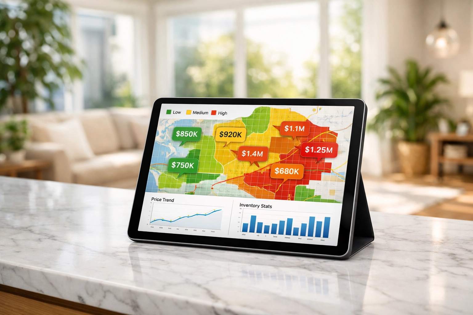 Denver real estate market data and pricing maps displayed on a tablet in a modern home kitchen.
