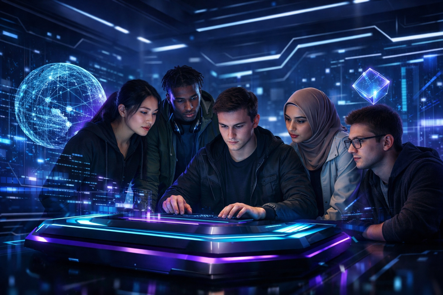 Diverse students engaging in immersive STEM training within a high-tech digital learning environment.