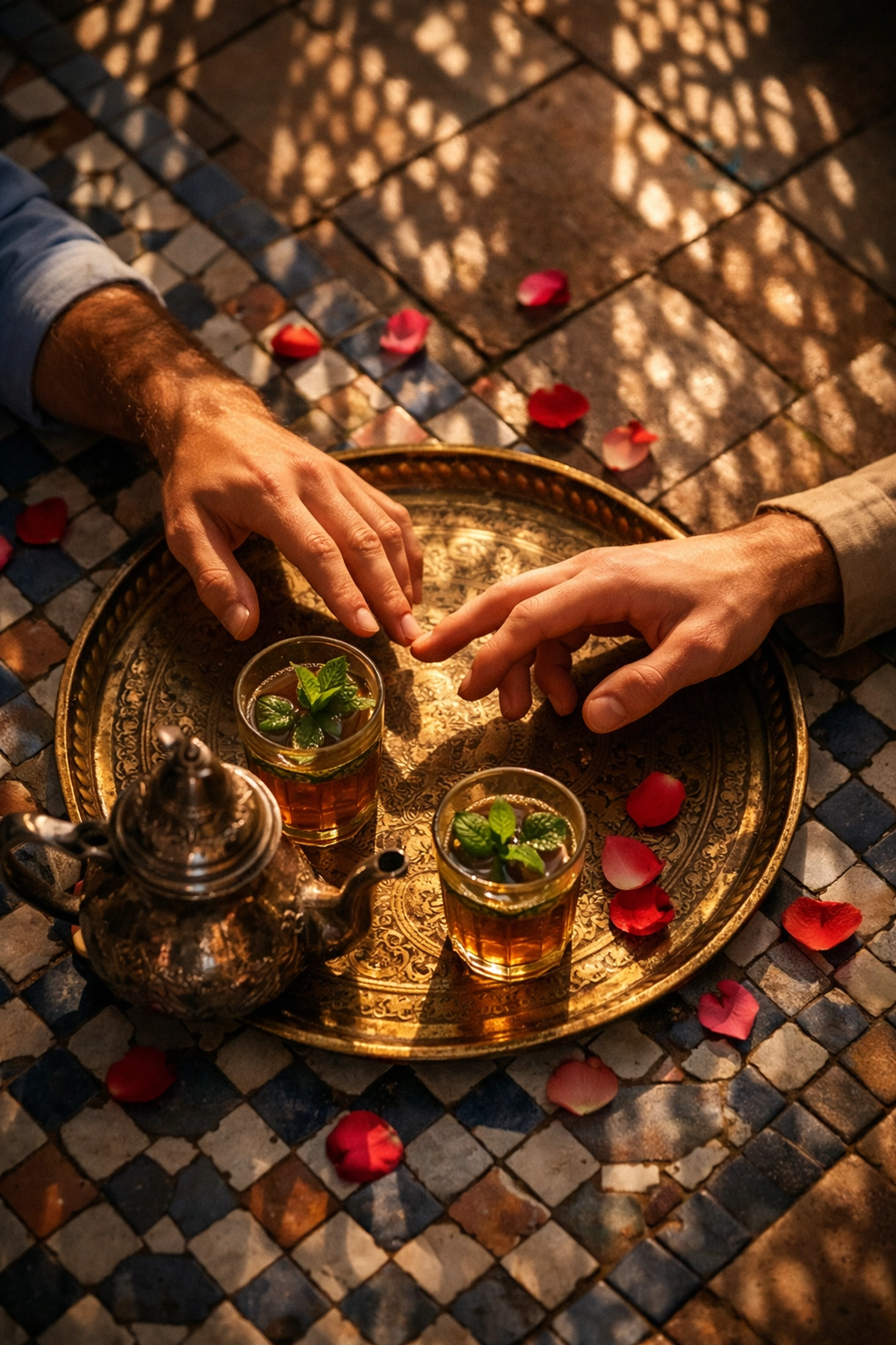 Hands nearly touching across Moroccan tea table - gay love story of hidden connection