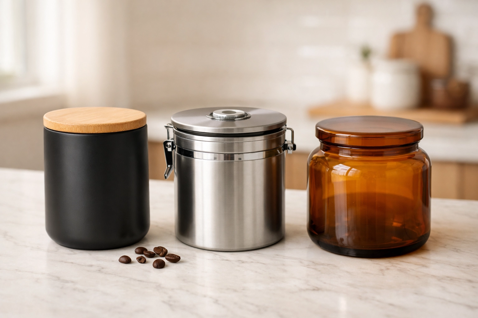 Ceramic, glass, and stainless steel airtight coffee storage containers on kitchen counter