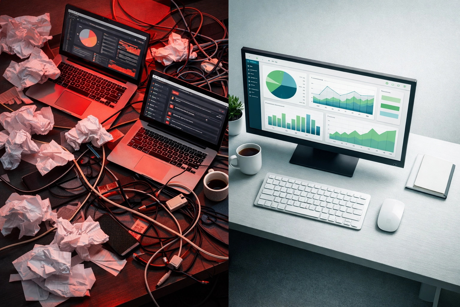 Comparison of chaotic AI deployment versus organized strategic AI implementation approach