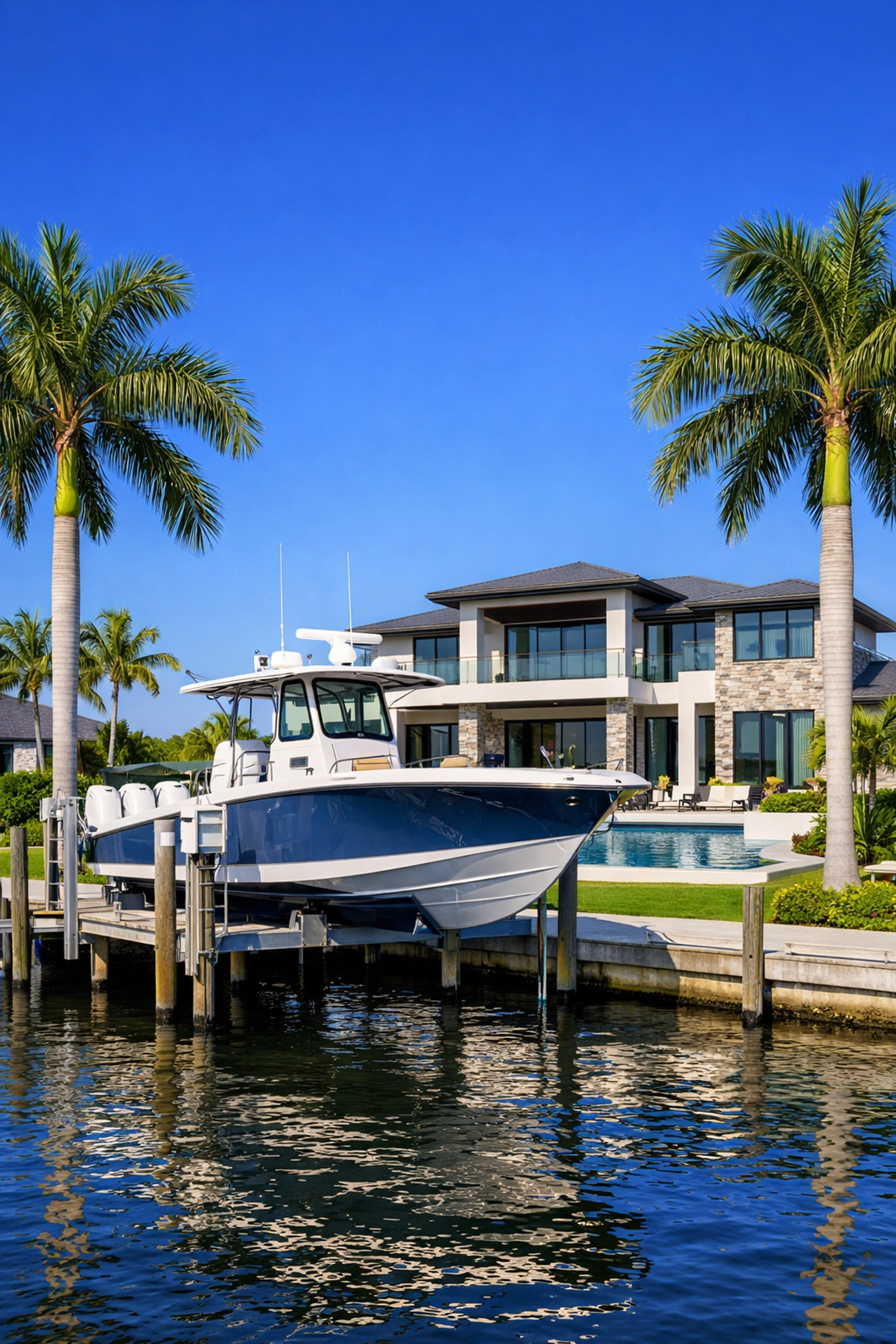 Modern luxury mansion with a private boat lift in the Southwest Cape Coral quadrant.
