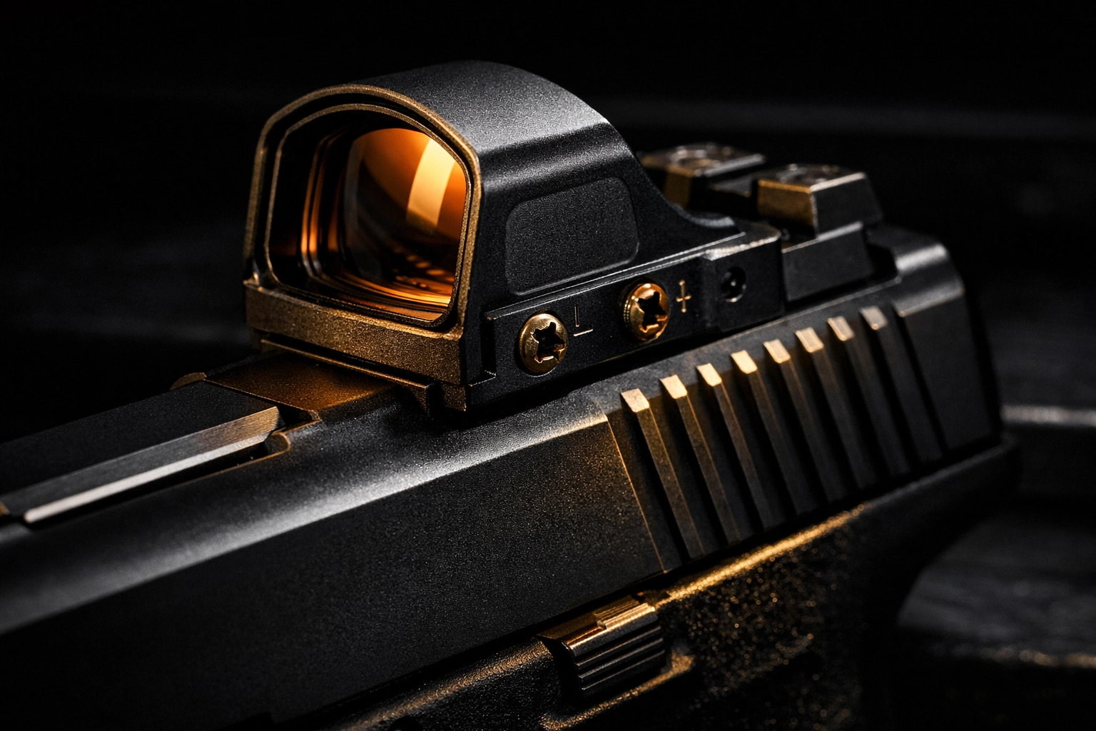 Close-up of a precision-mounted red dot optic on a handgun for an NYC concealed carry course.