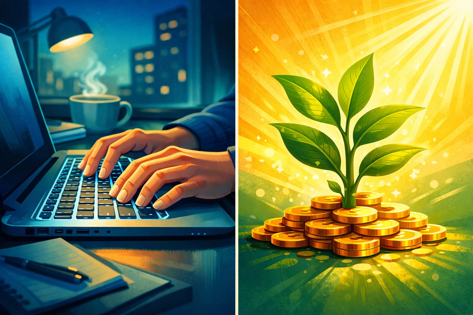 Split illustration of a person working a side hustle and a plant growing from coins.