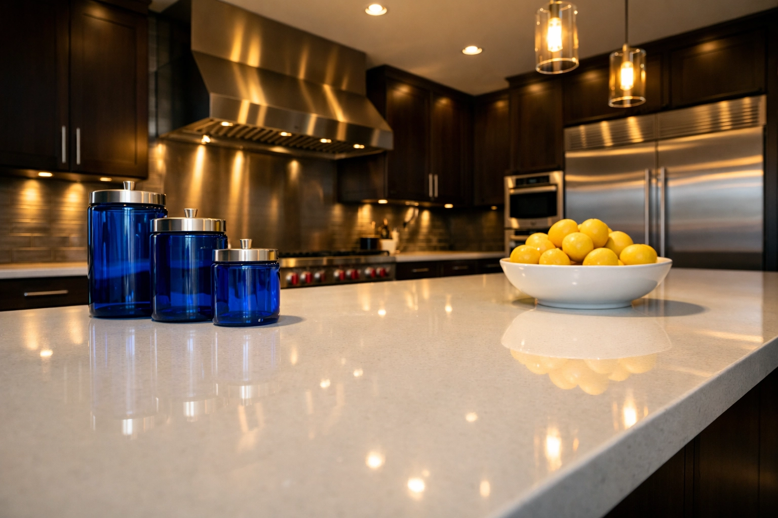 Clean modern kitchen with a spotless quartz island maintained by luxury residential cleaning Massachusetts services.
