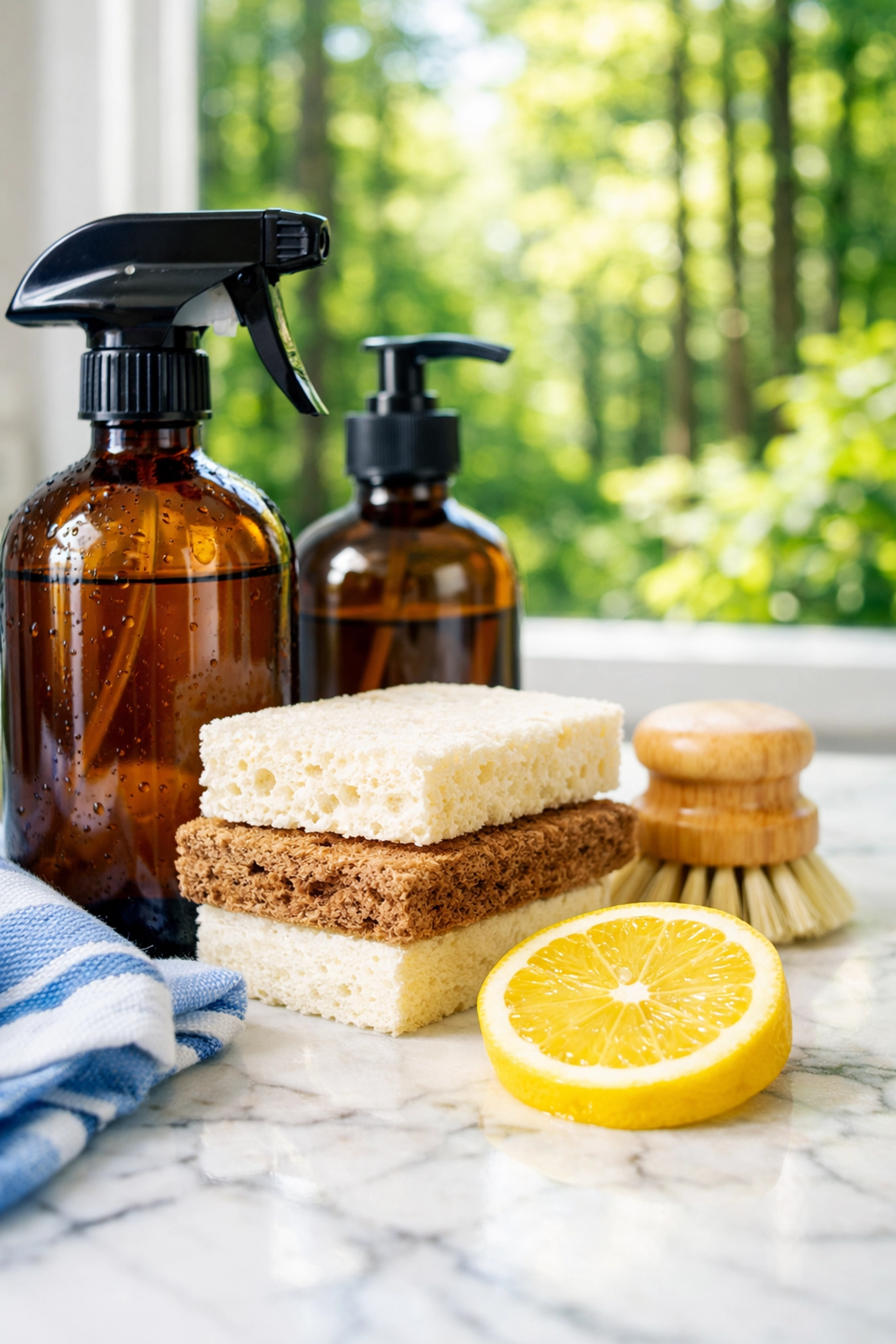 Eco-friendly house cleaning products on a marble counter in a luxury Sherborn kitchen.